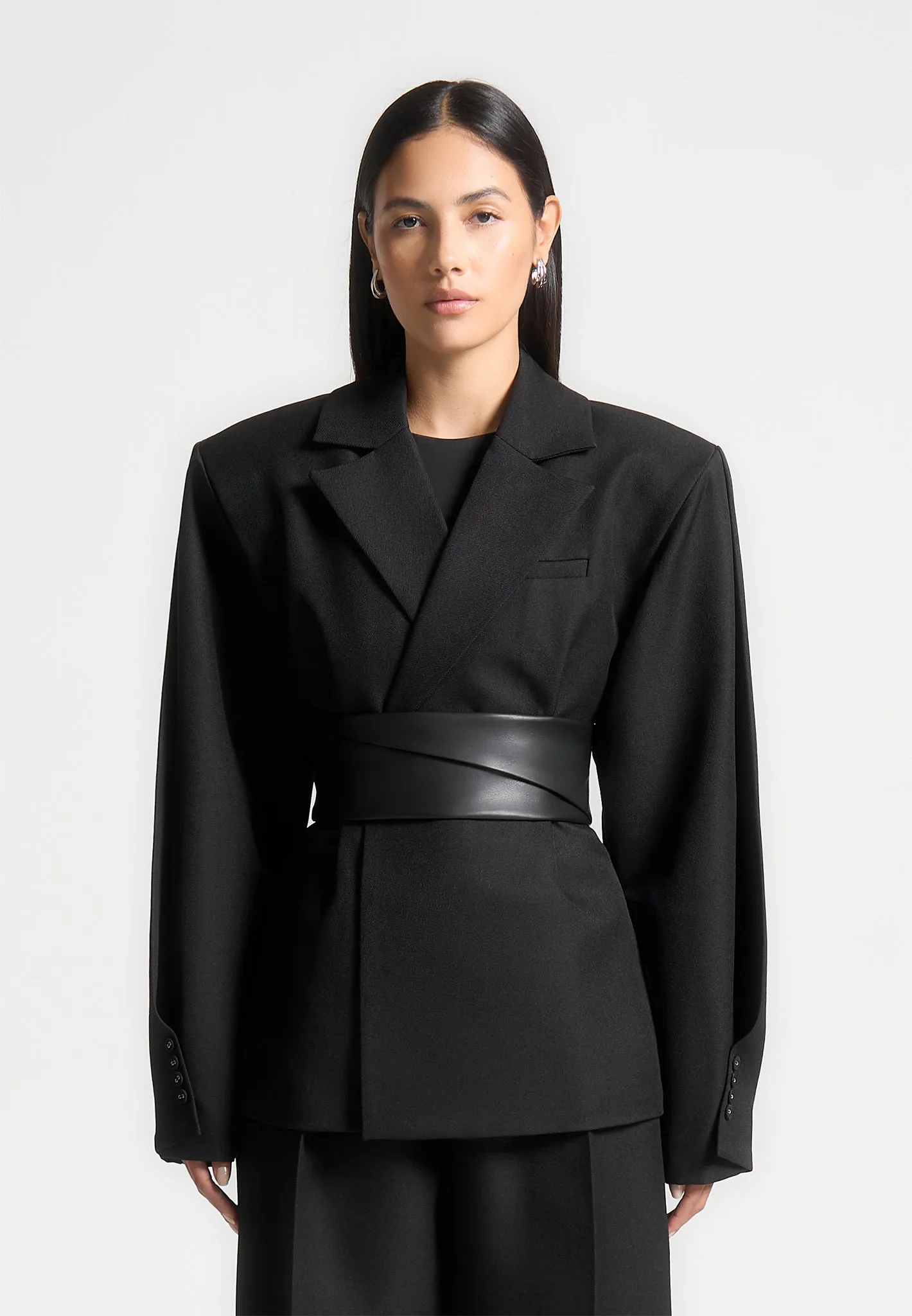 Anti Static Finish Marie - Twist Sleeve Tailored Blazer with Belt - Black