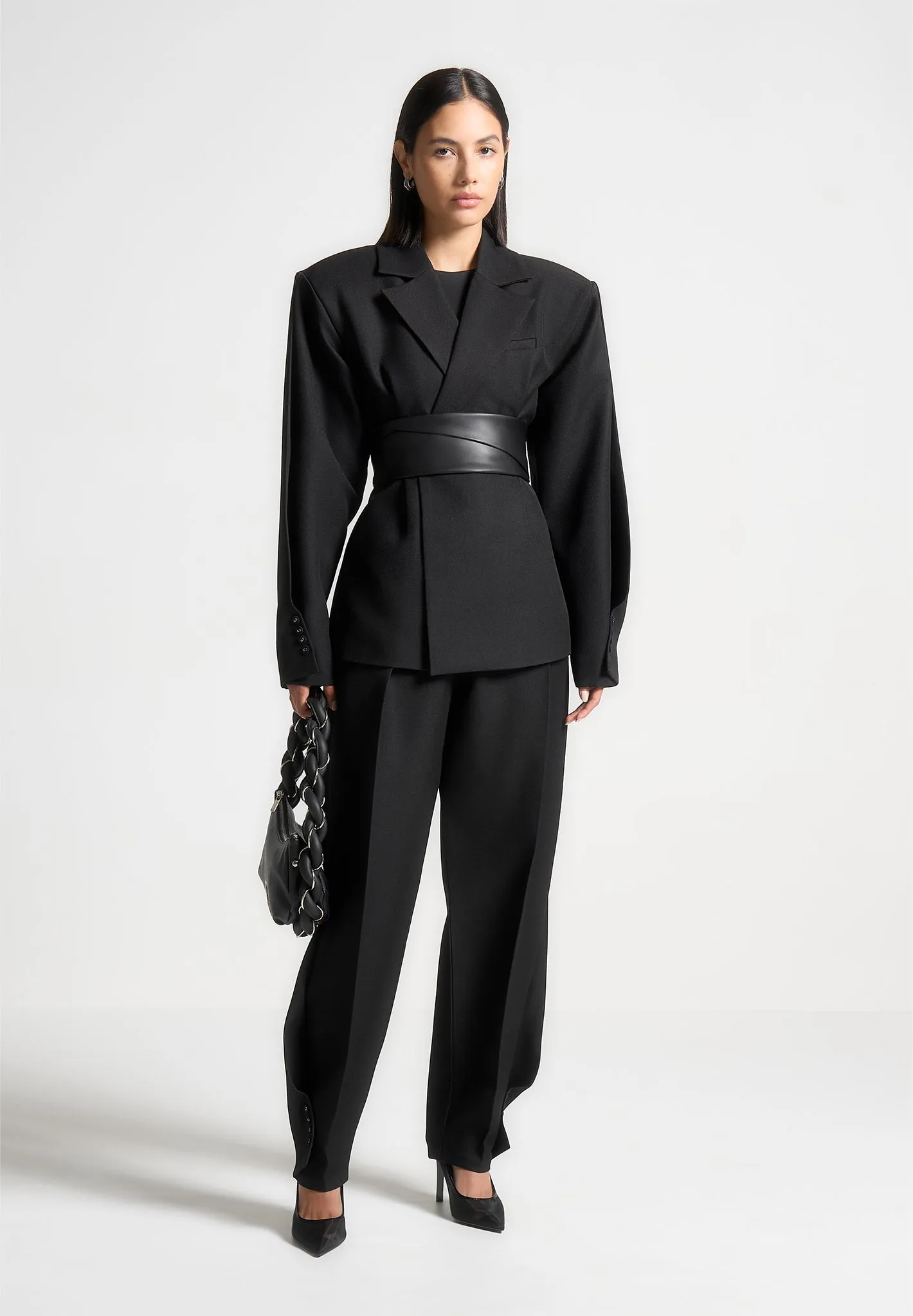 Sleek Tailored Non Restrictive Cut Marie - Twist Sleeve Tailored Blazer with Belt - Black
