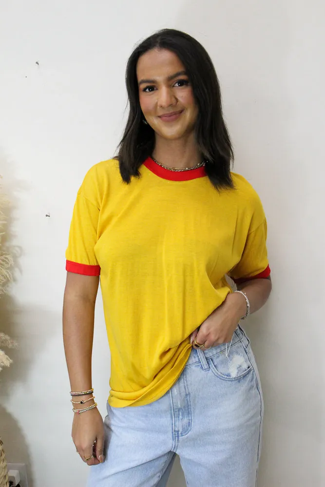 Old School Vintage Tee Flexible Knit Fabric Scoop Neck Shape