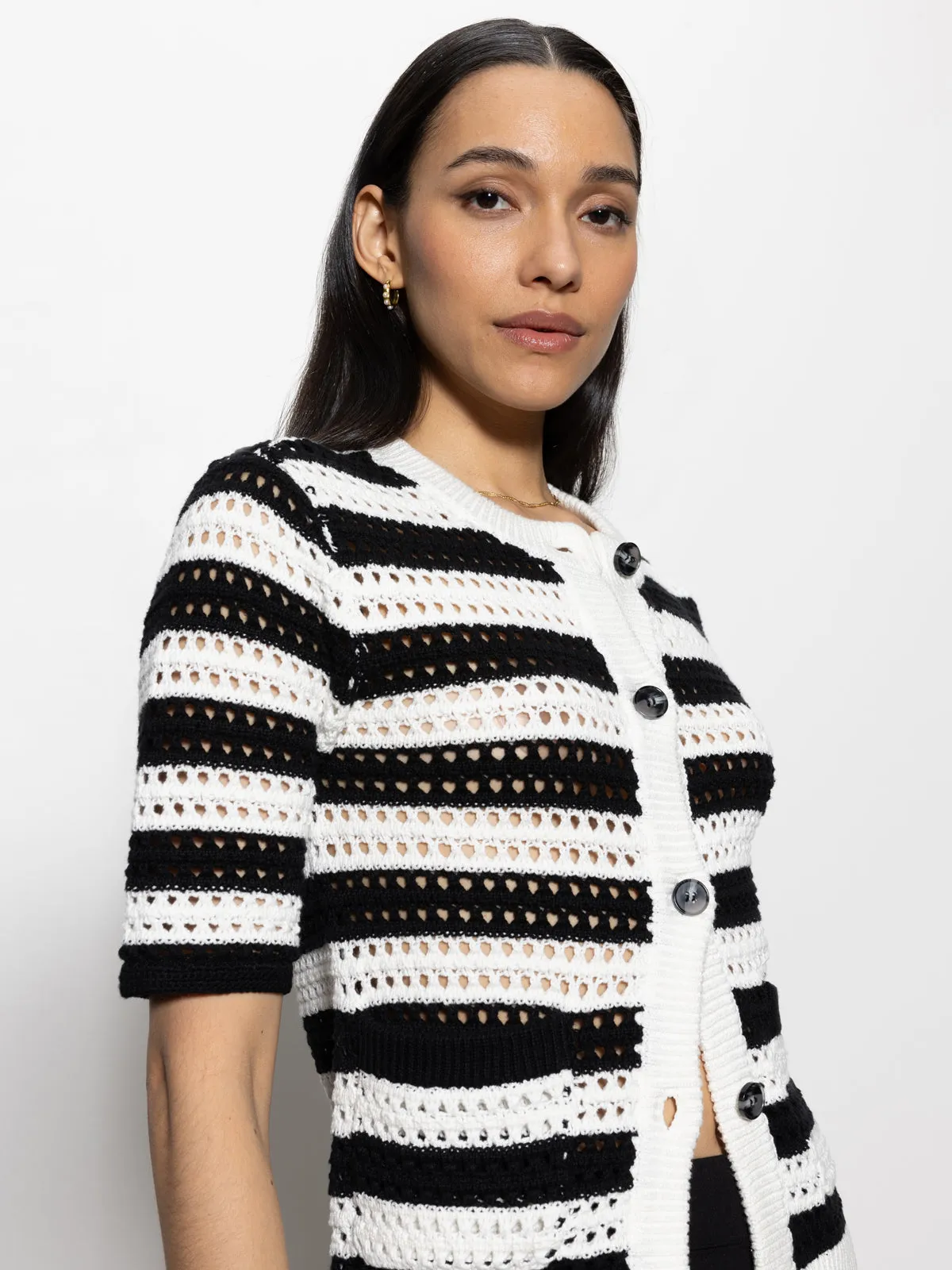 Open Knit Sweater Jacket Chalk / Black Stripe Sun Protective Coating Tropical Essentials Swim