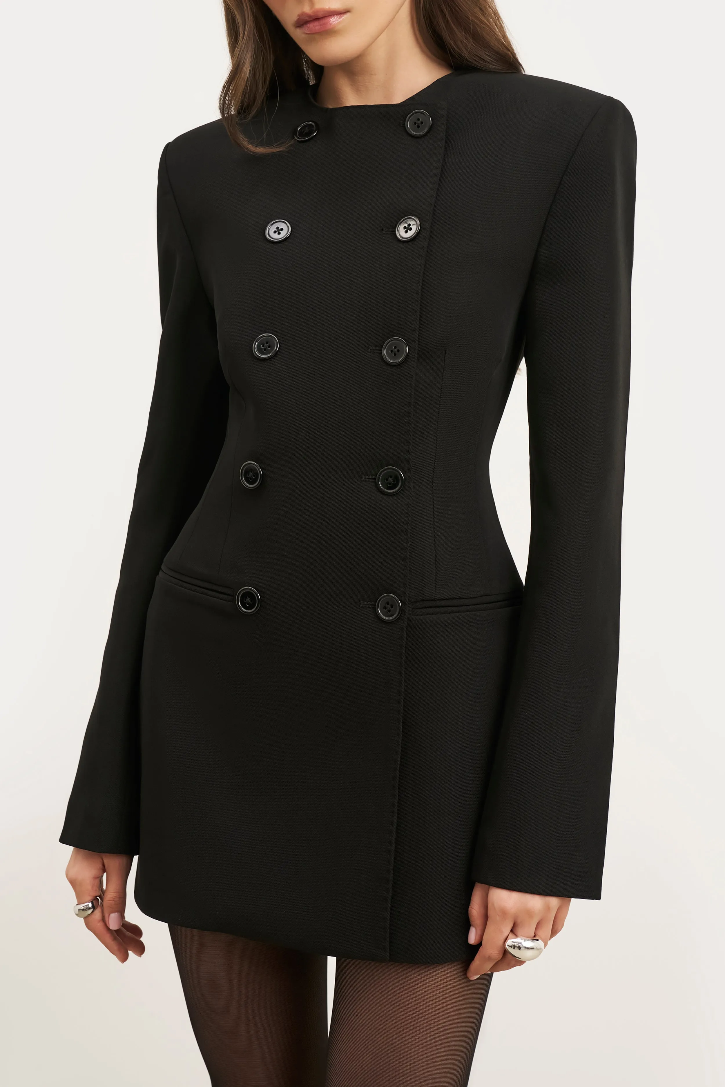Tailored Collarless Blazer Dress - Black Modest Cut