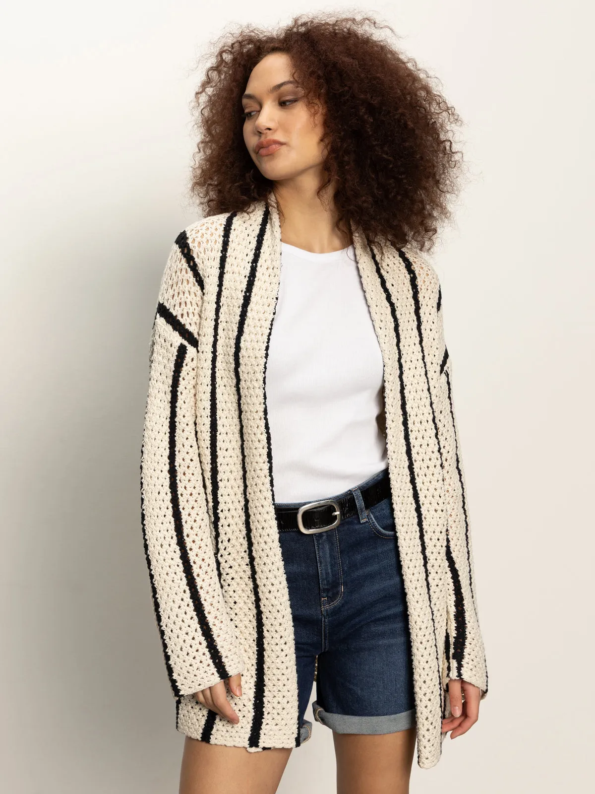 Lightweight Design Lightweight Fabric Openwork Beach Cardi Chalk Black Stripe