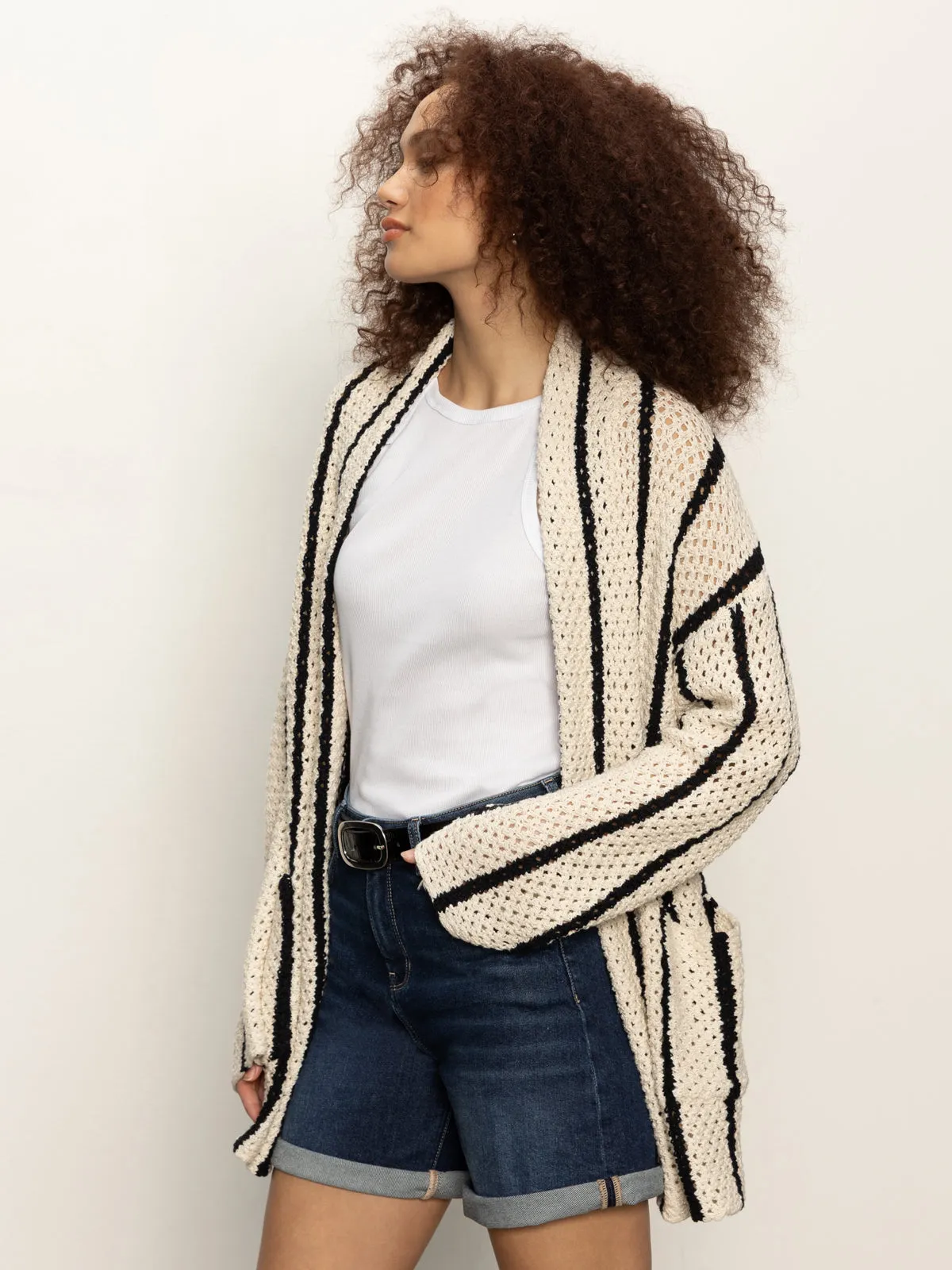 Organic Cotton Fiber Openwork Beach Cardi Chalk Black Stripe
