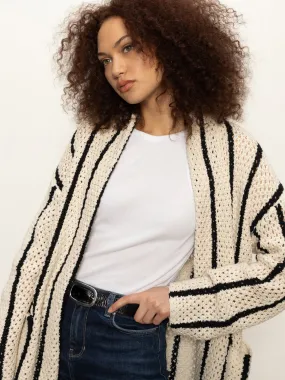 Openwork Beach Cardi Chalk Black Stripe DurableDoubleLayeredHem Bamboo Fiber Fabric