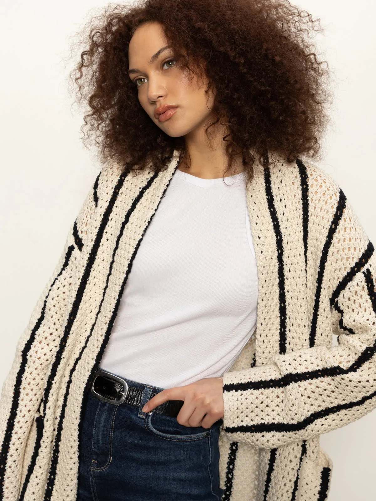 Non Slip Grippers Openwork Beach Cardi Chalk Black Stripe