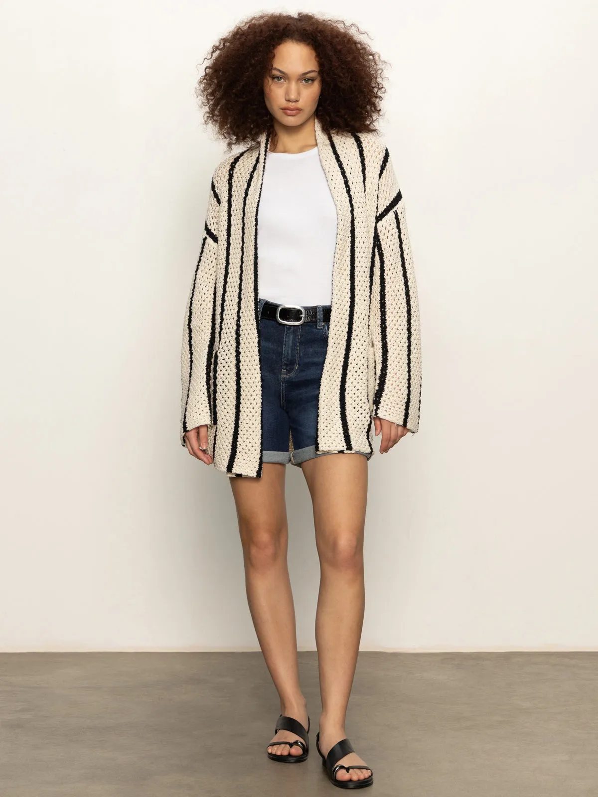 Openwork Beach Cardi Chalk Black Stripe Hand Wash Swim Tropical Essentials Swim