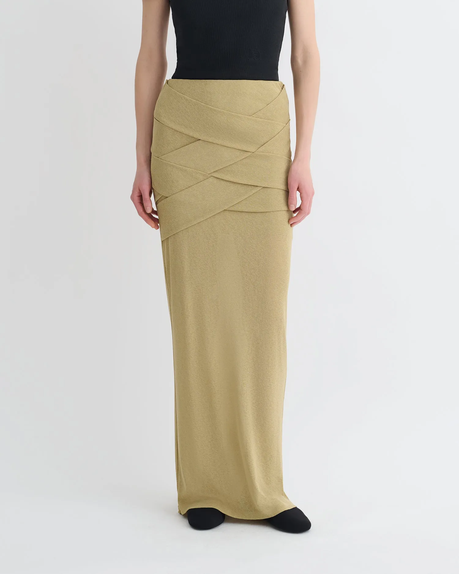 Fade Resistant Treatment Stretchable Waistband Shanda - Draped Mesh Jersey Maxi Skirt - Sand