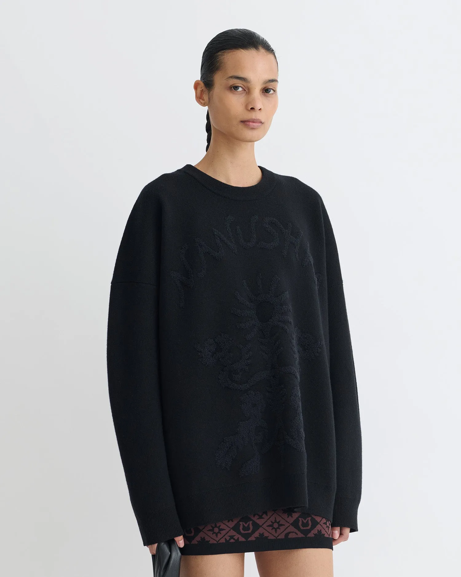 Stretchable Waistband No Effort Oswin - Merino and Terry Jacquard Sweater - Black/Off Black Papercut