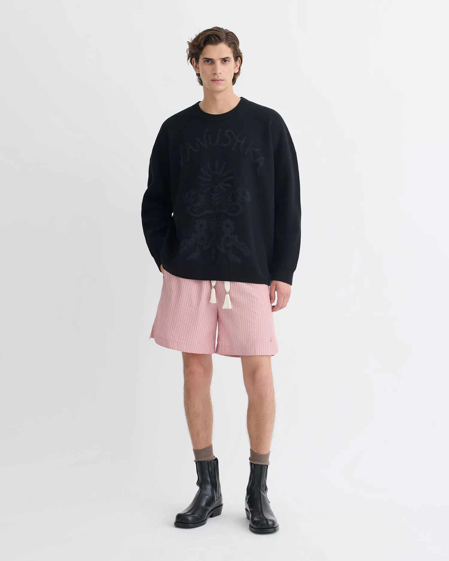 Oswin - Merino and Terry Jacquard Sweater - Black/Off Black Papercut Jacquard Pattern Elastic hem