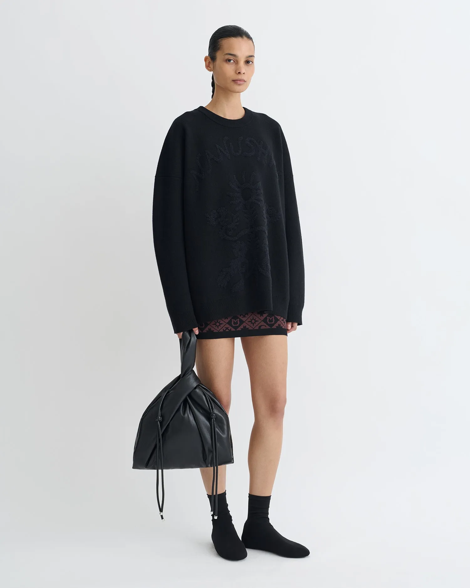 Contrast Stitch Oswin - Merino and Terry Jacquard Sweater - Black/Off Black Papercut