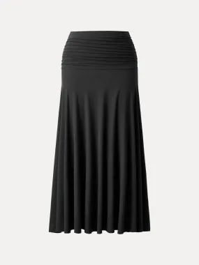 Ultrasoft Mid Rise A-line Ruched Maxi Skirt Comfort waistband Reflective Trim