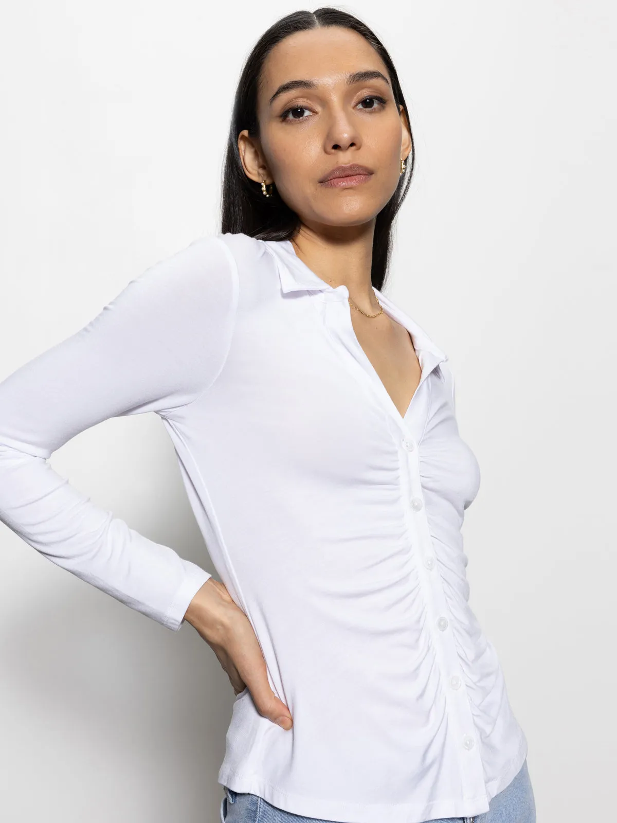 LightweightWeave Non Irritating Label Dreamgirl Button Up Top White