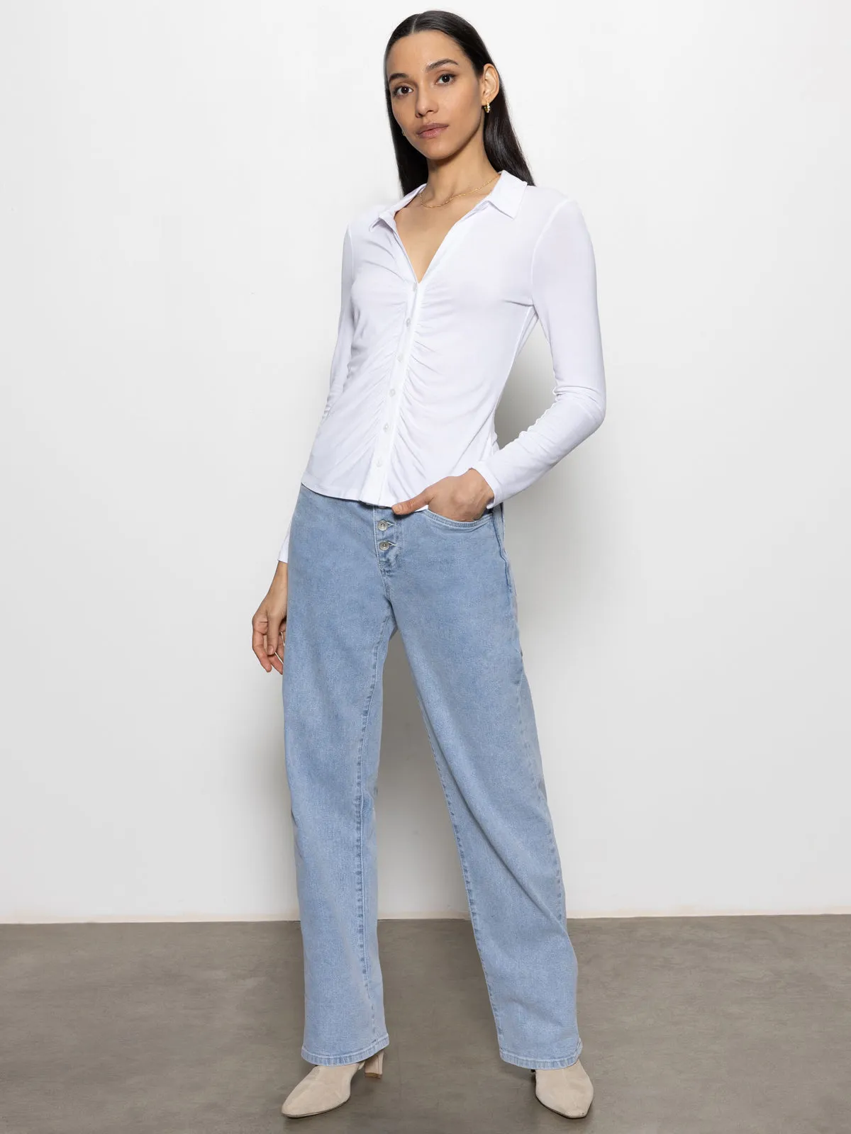 Non Restrictive Fit Dreamgirl Button Up Top White