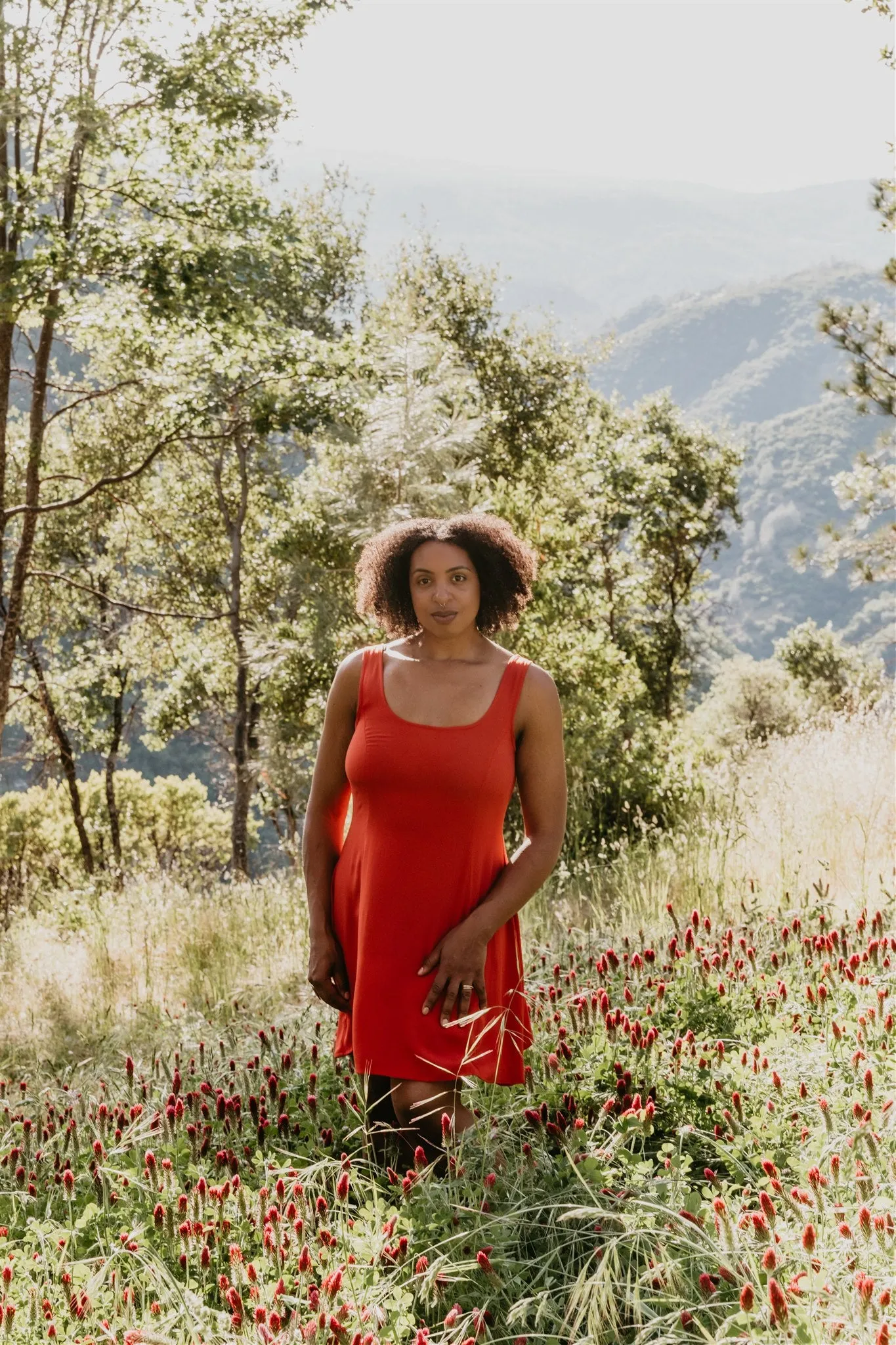 Gathered-Detail Travel Comfort Delana Dress in Coral Challis