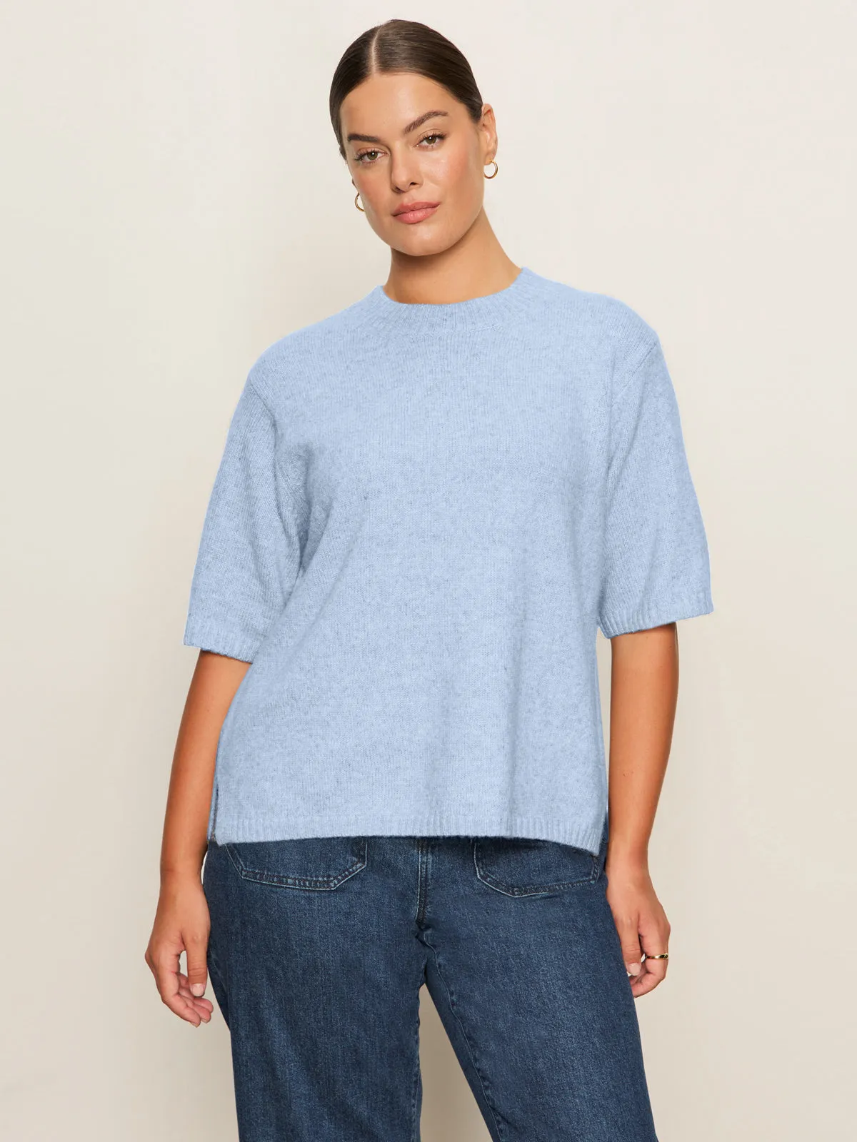 High Waist Front Tie Perfect Sweater Tee Blue Powder Extended Sizing