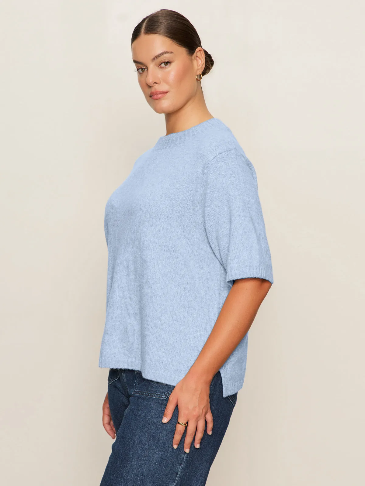 Bow Accent Form Fitting Perfect Sweater Tee Blue Powder Extended Sizing