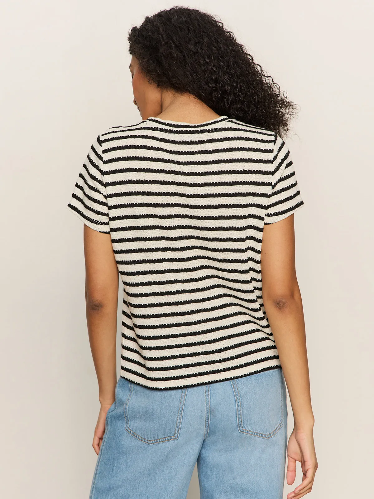 Snag Free Fabric Everyday Comfort Fit Perfect Textured Tee Macrame Black Stripe