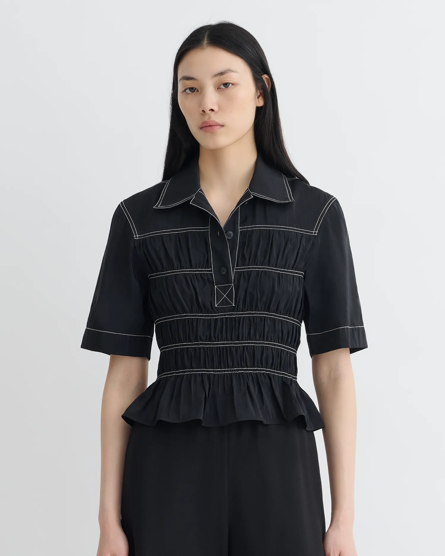 Nairi - Smocked Glass Poplin Shirt - Black Layered Ventilation Zones FadeResistant Coating