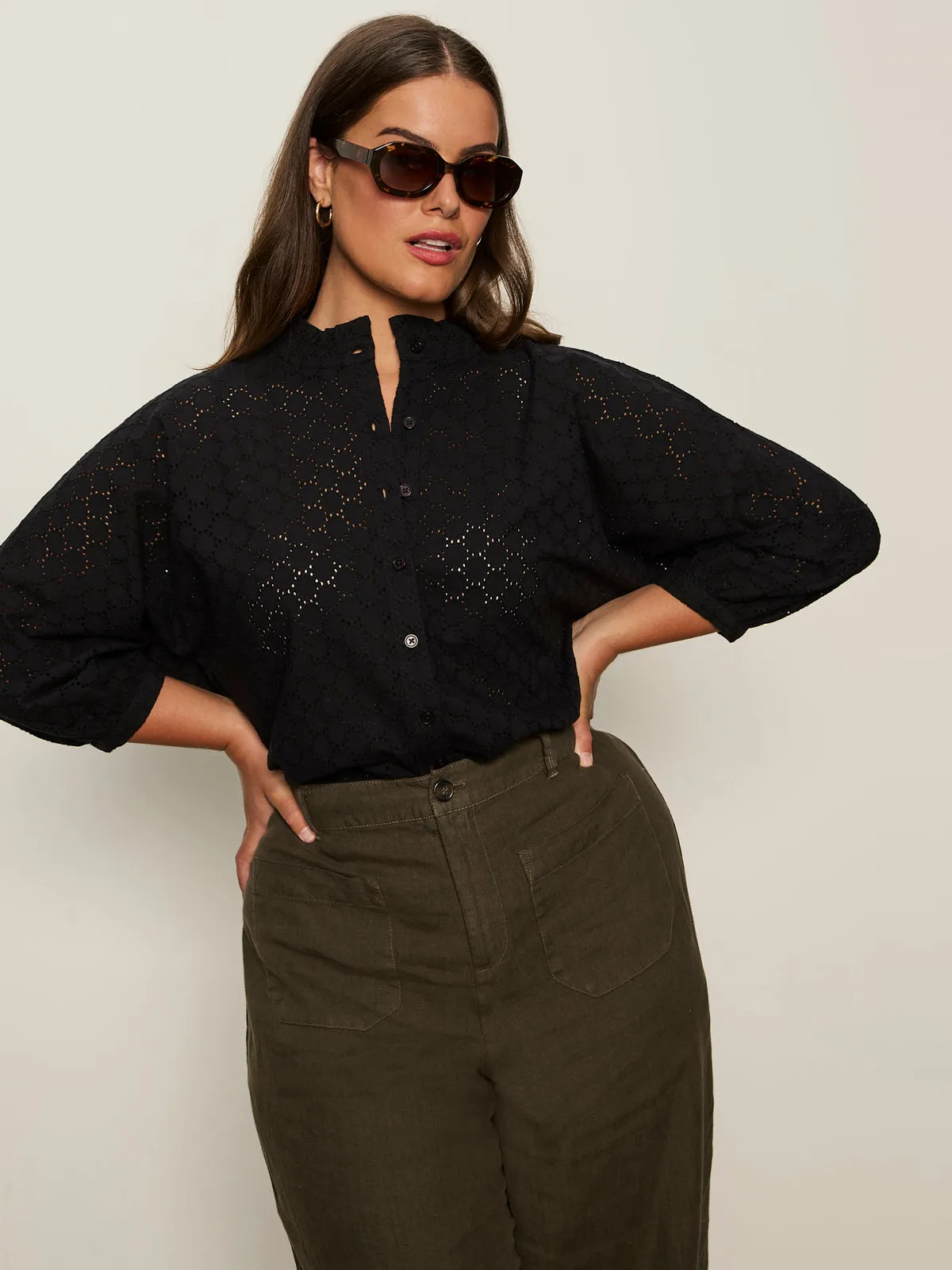 Wrinkle Resistant Weave Petal Drop Blouse Black Extended Sizing