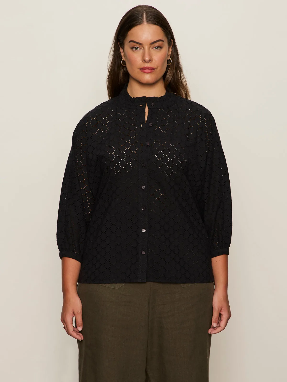 Petal Drop Blouse Black Extended Sizing Adjustable Hem
