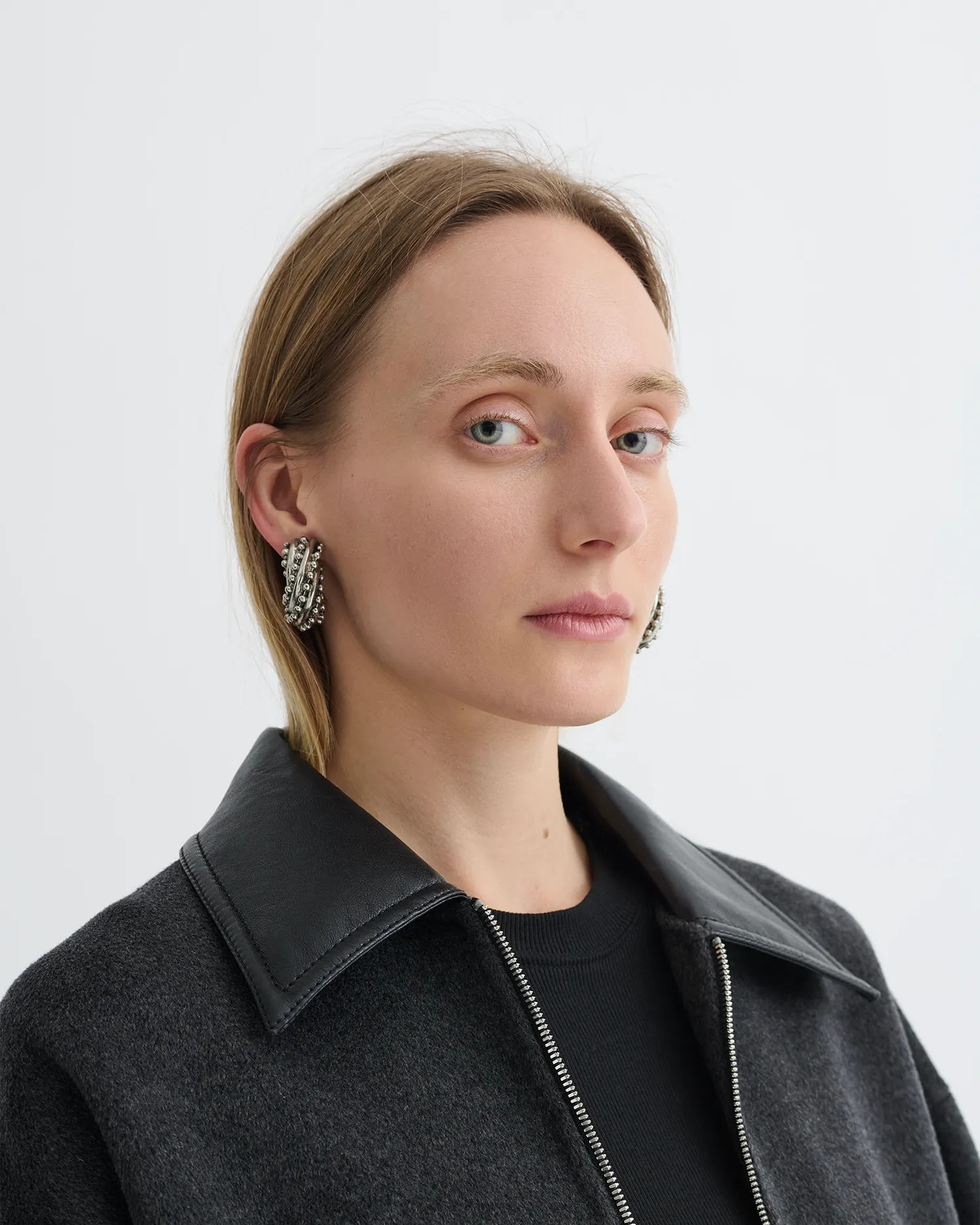 Phebe - Cropped Double Wool Jacket - Grey Melange/Black Interlock Stitching Stylish Hoodie