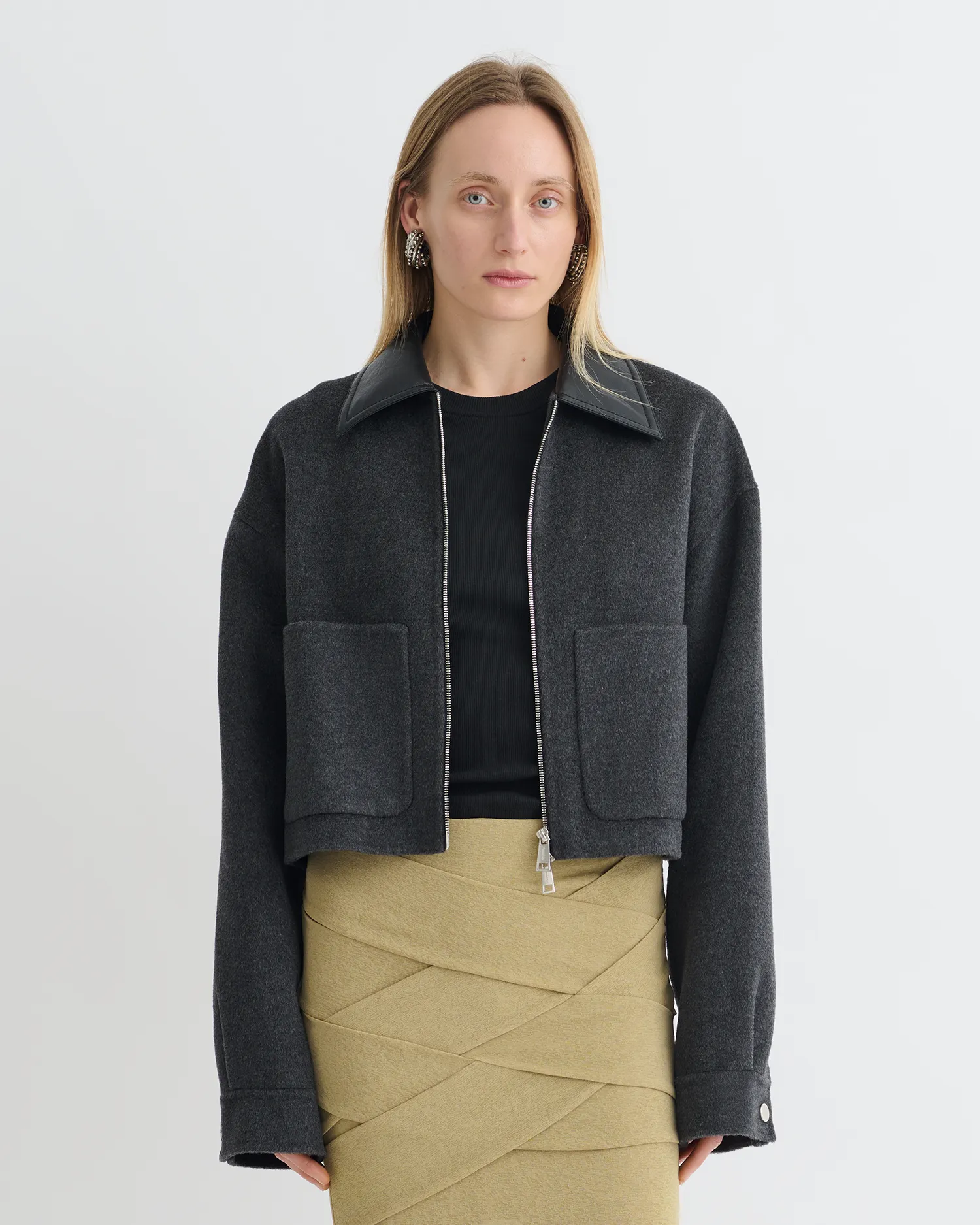 Phebe - Cropped Double Wool Jacket - Grey Melange/Black Fashionable Look Kinetic Flex Zoning