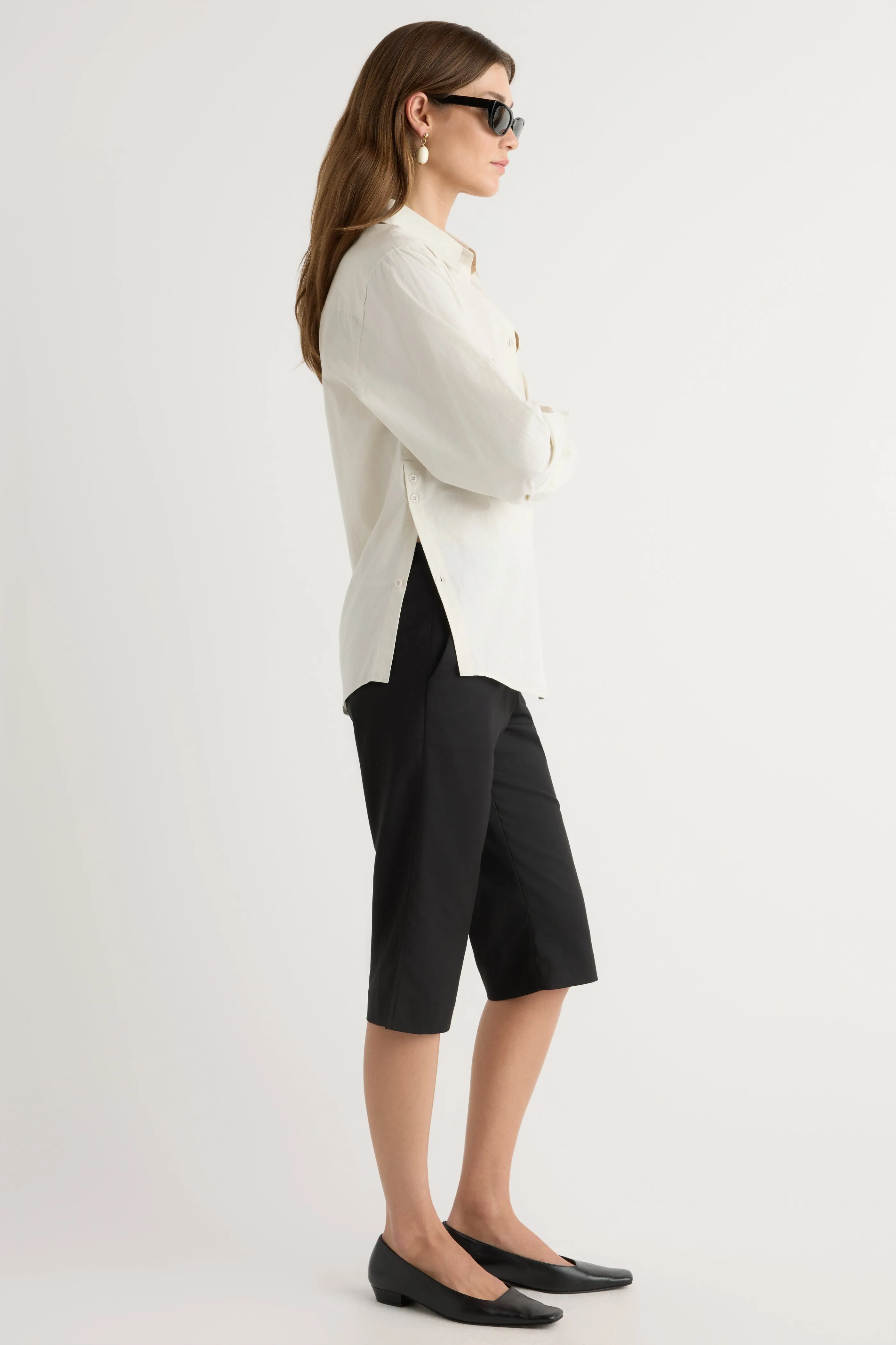 Phoebe Side-Button Tulip-Hem Shirt Easy Care Fabric