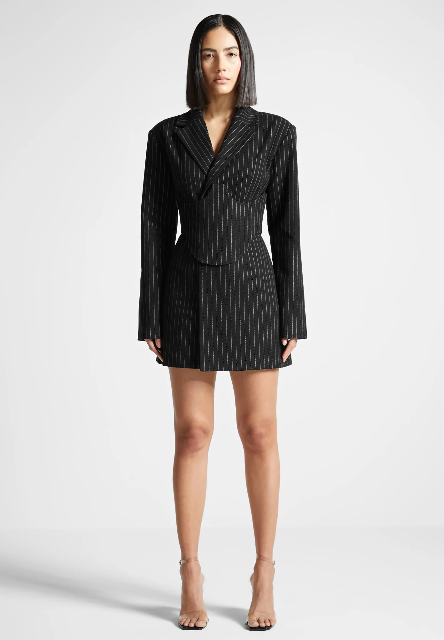 Chic Motion Pinstripe Blazer Dress with Reversible Corset - Black