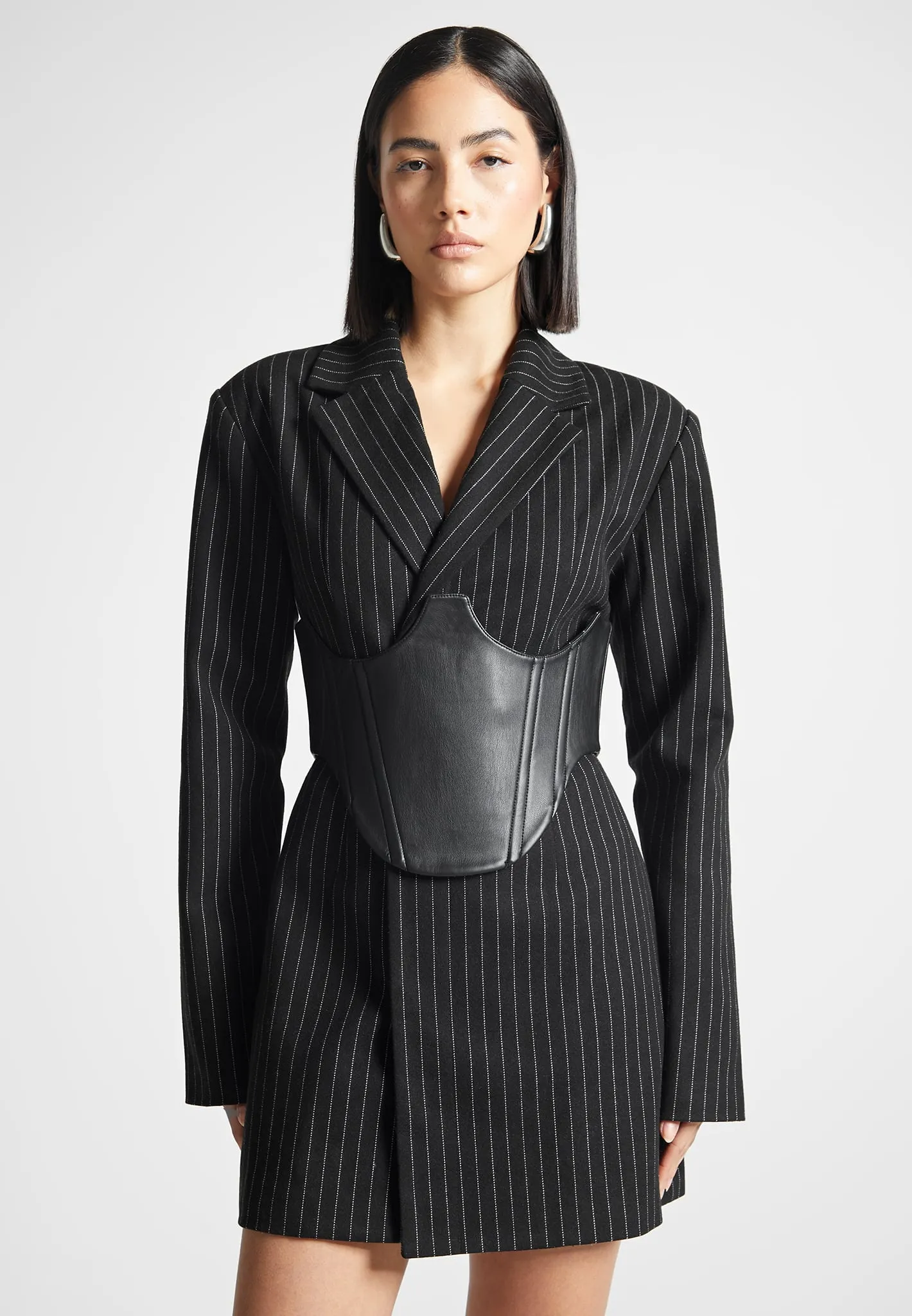 Stylish Cut Pinstripe Blazer Dress with Reversible Corset - Black