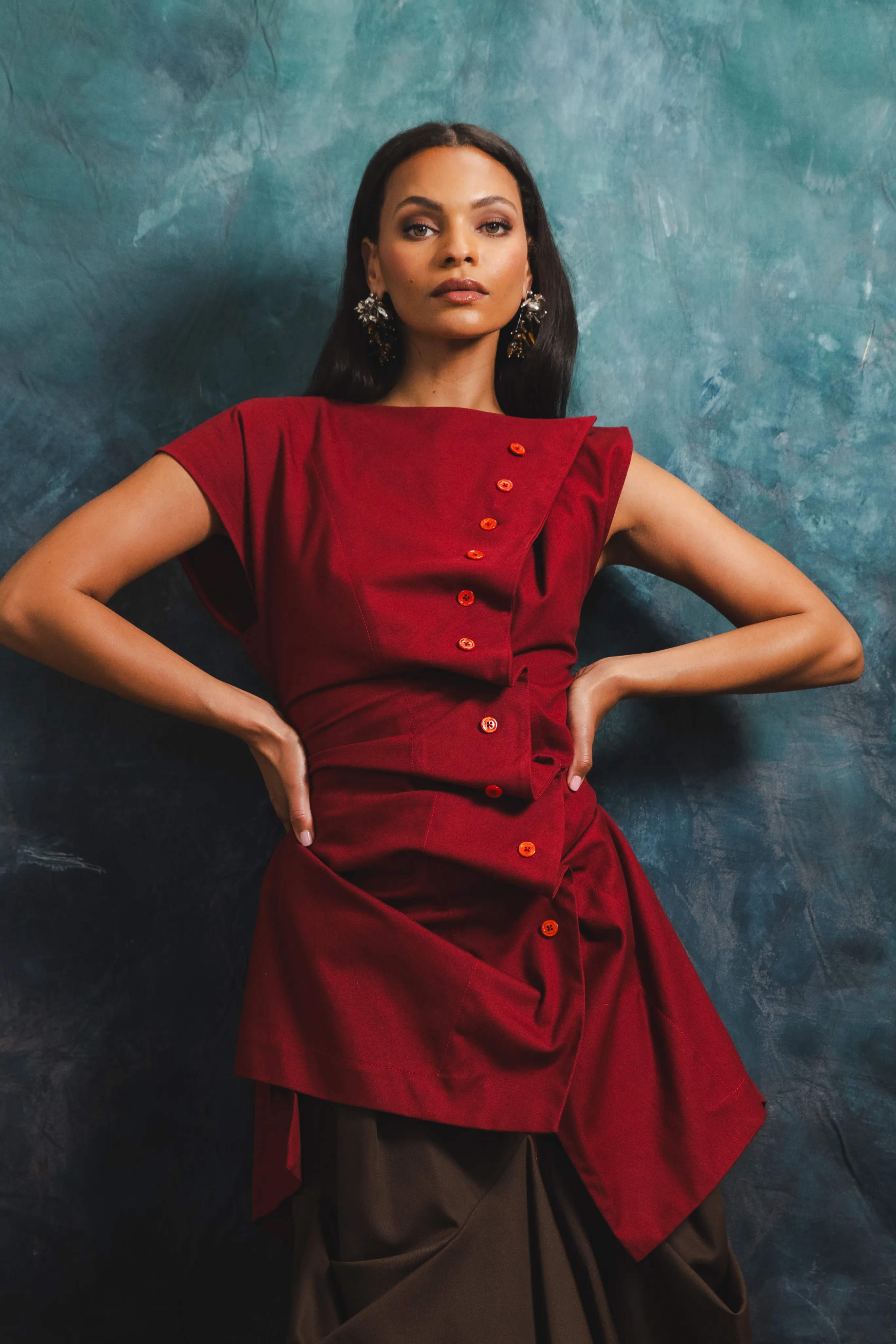 OversizedSilhouette retro look Pleated Button Blouse with Lace Up Back