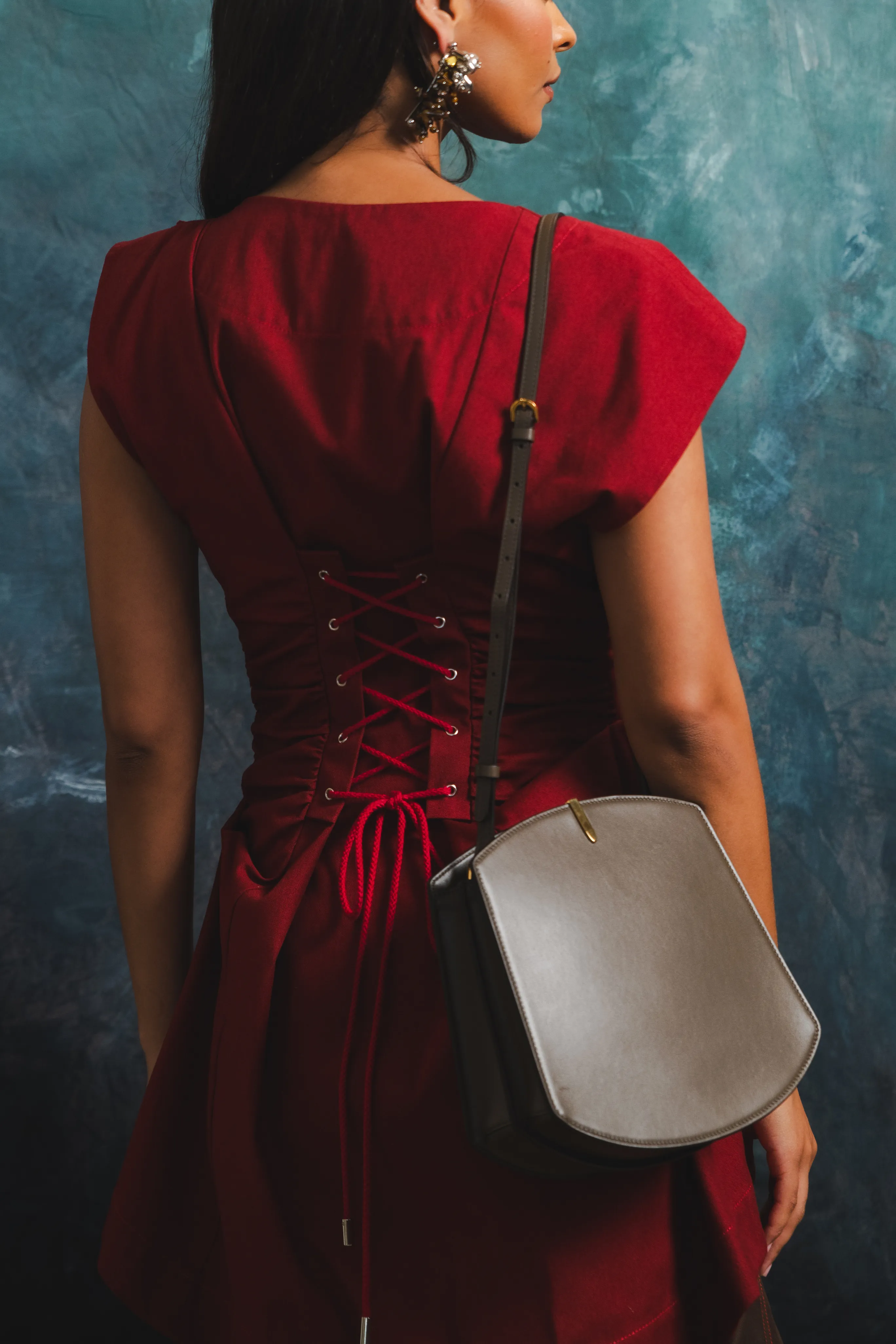 SolarReflectiveFinish Relaxed Crew Neck Opening Pleated Button Blouse with Lace Up Back