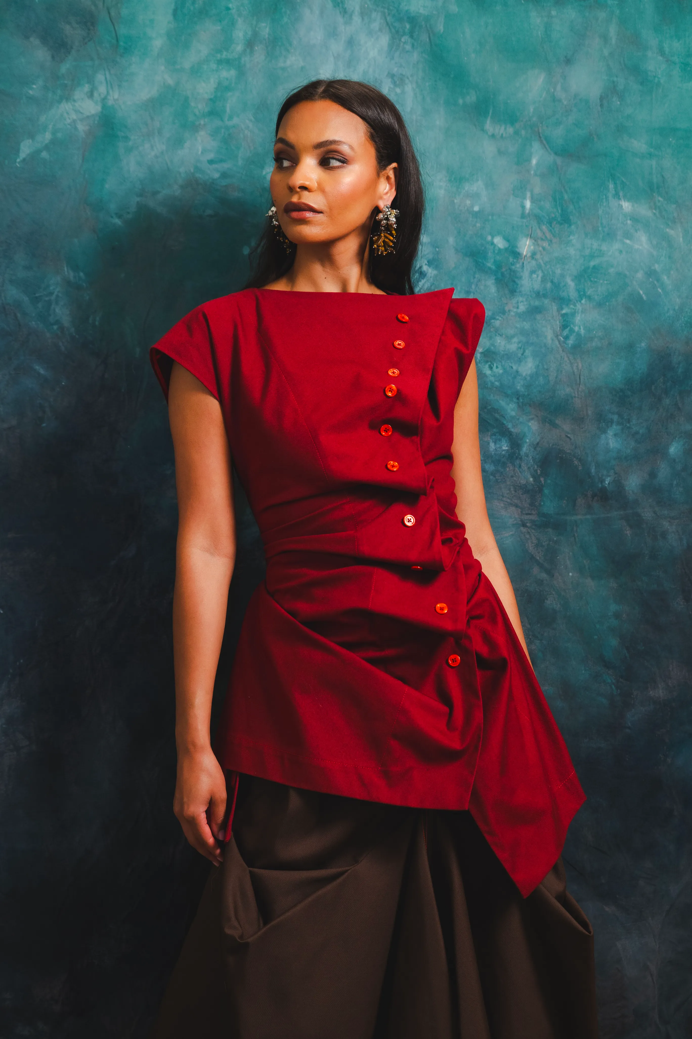 Pleated Button Blouse with Lace Up Back Soft Touch Texture Breathable mesh panel