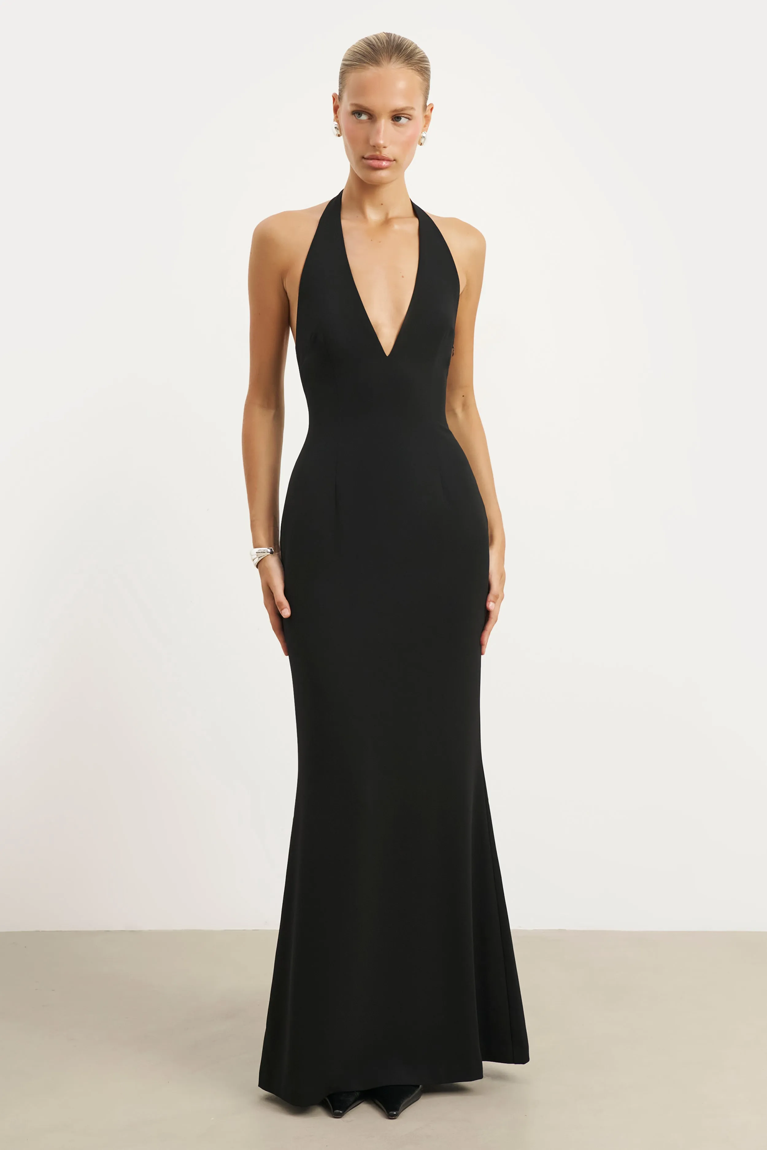 Plunging V Neck Halter Gown - Black elegant design