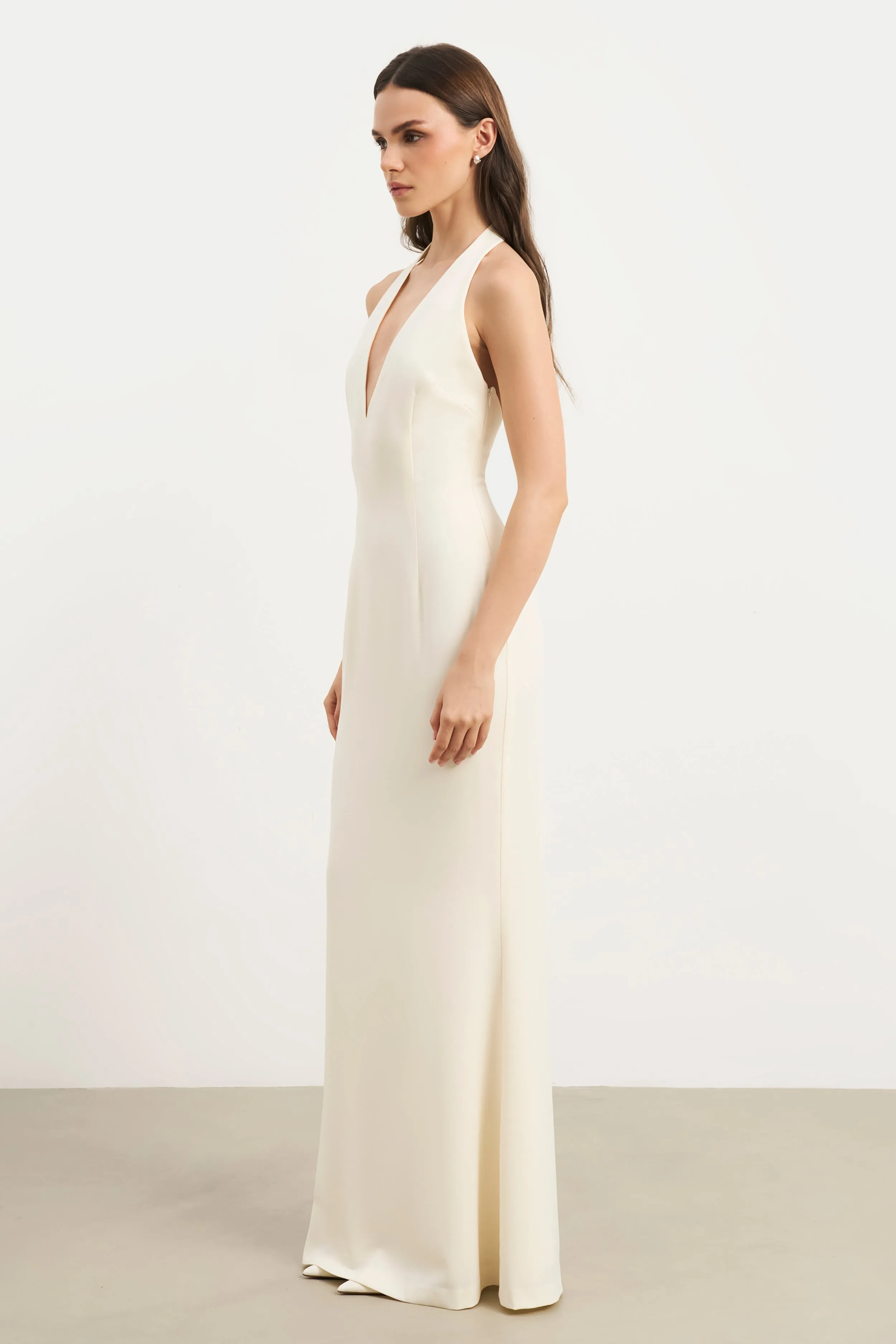 Plunging V Neck Halter Gown - Cream Natural Drape