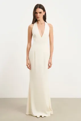 Mood Comfort Plunging V Neck Halter Gown - Cream