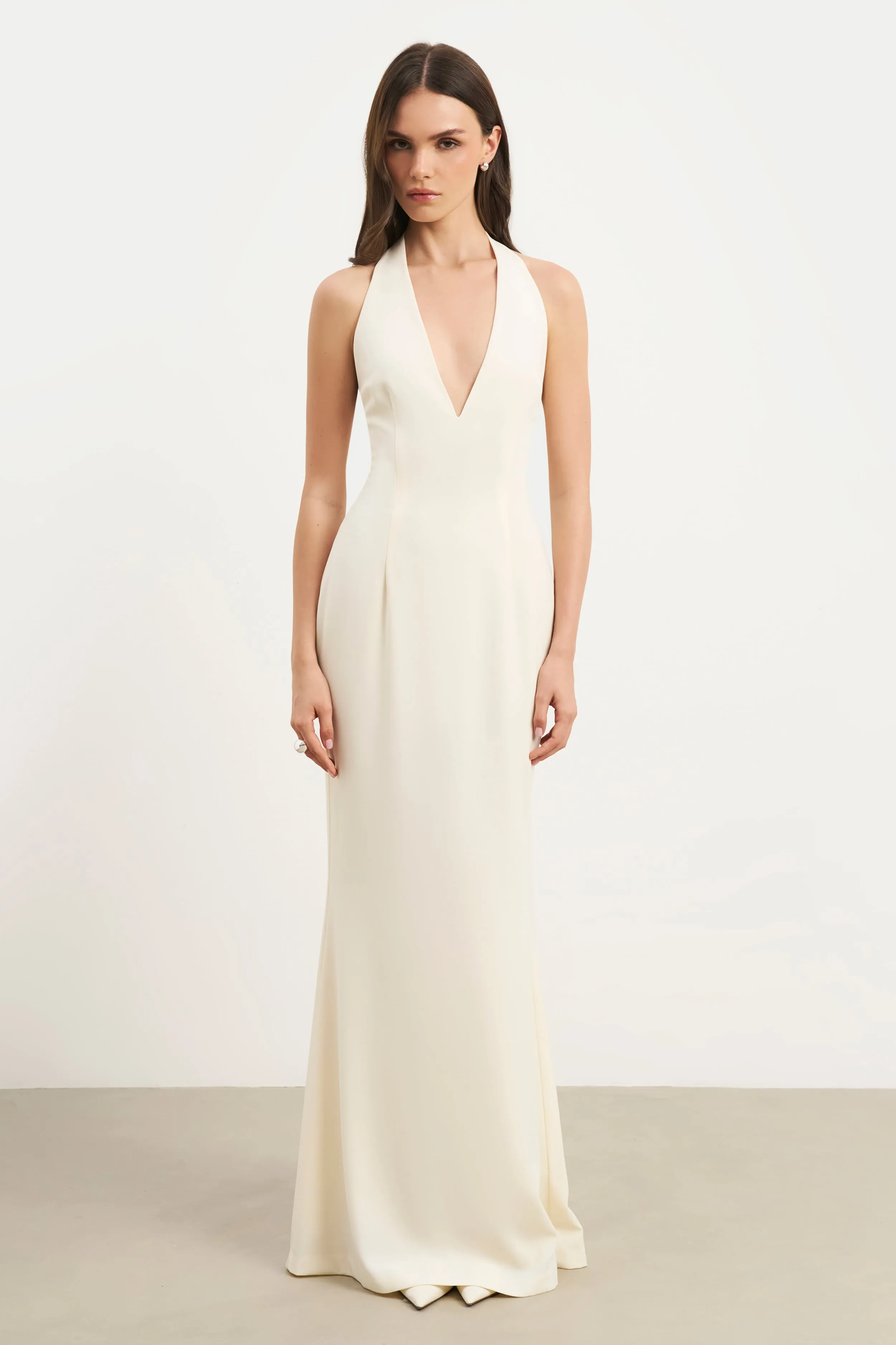 Mood Comfort Plunging V Neck Halter Gown - Cream