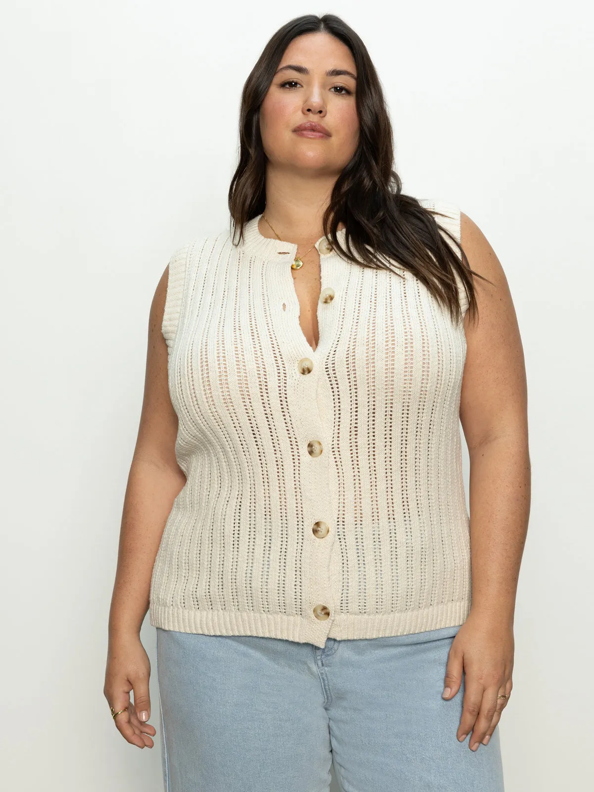 Pointelle Shell Sweater Eco Natural Extended Sizing Padded Recycled Polyester Fabric