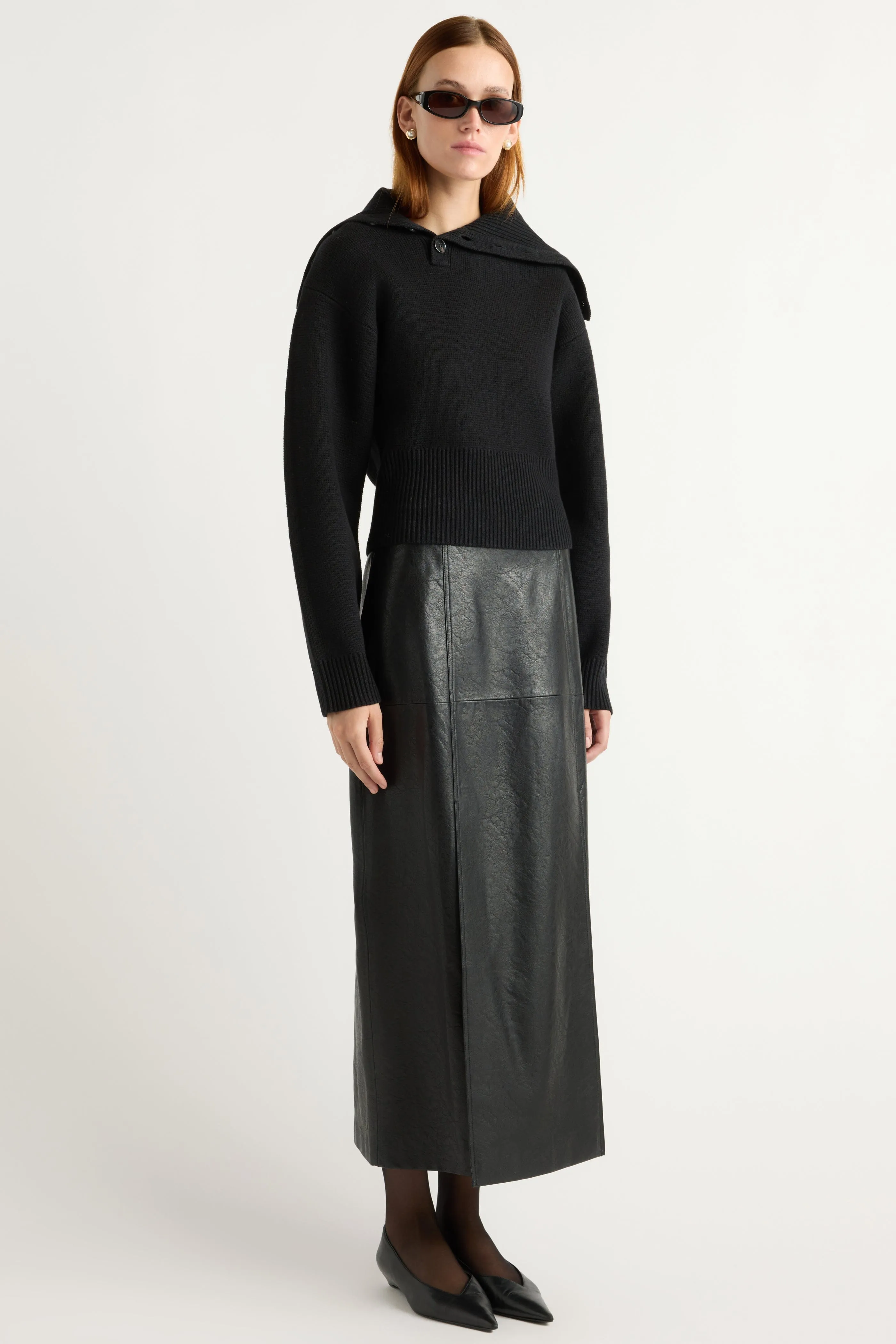 Rama Front-Vent Vegan Leather Skirt Adjustable drawstring