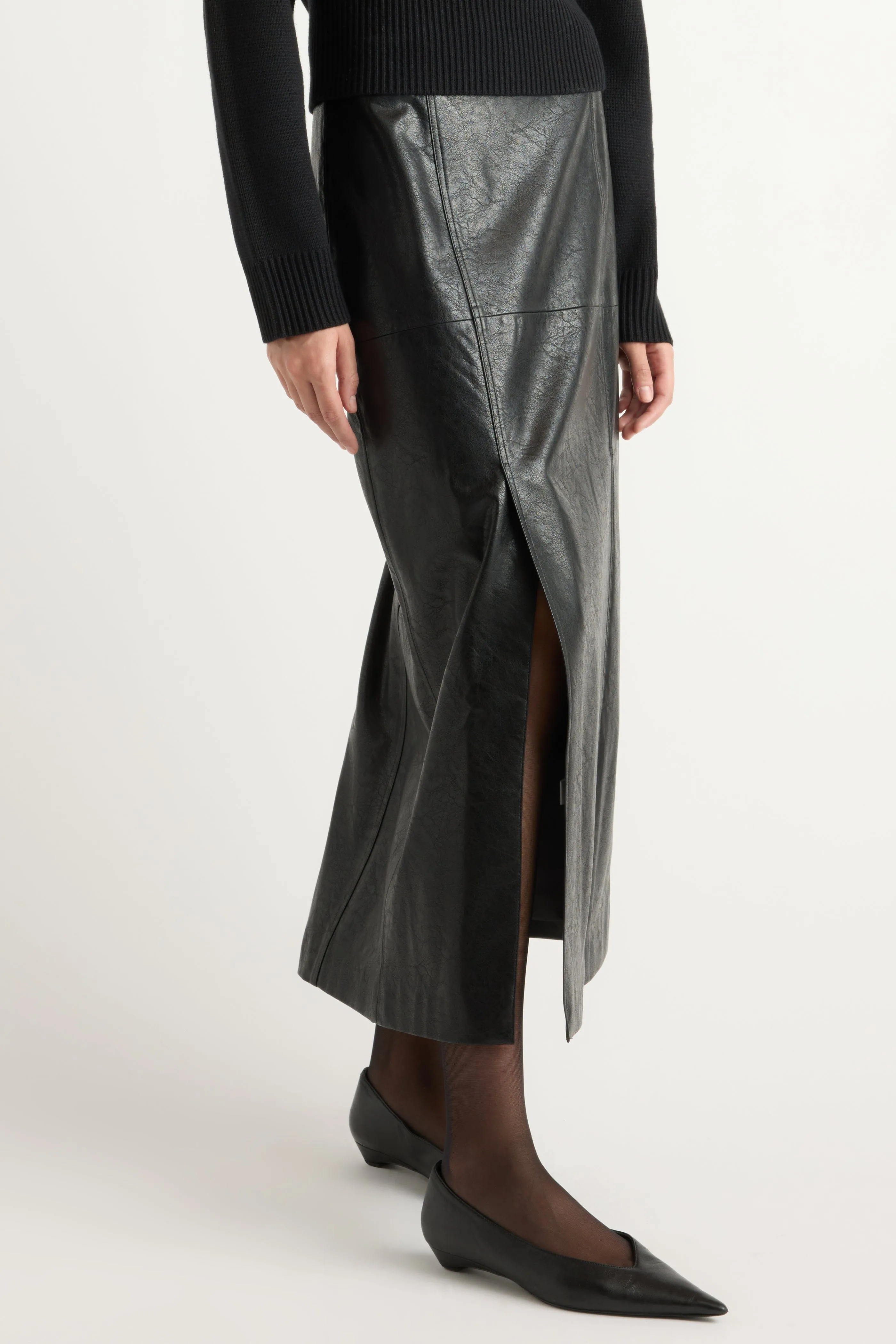 Rama Front-Vent Vegan Leather Skirt Neutral Tone