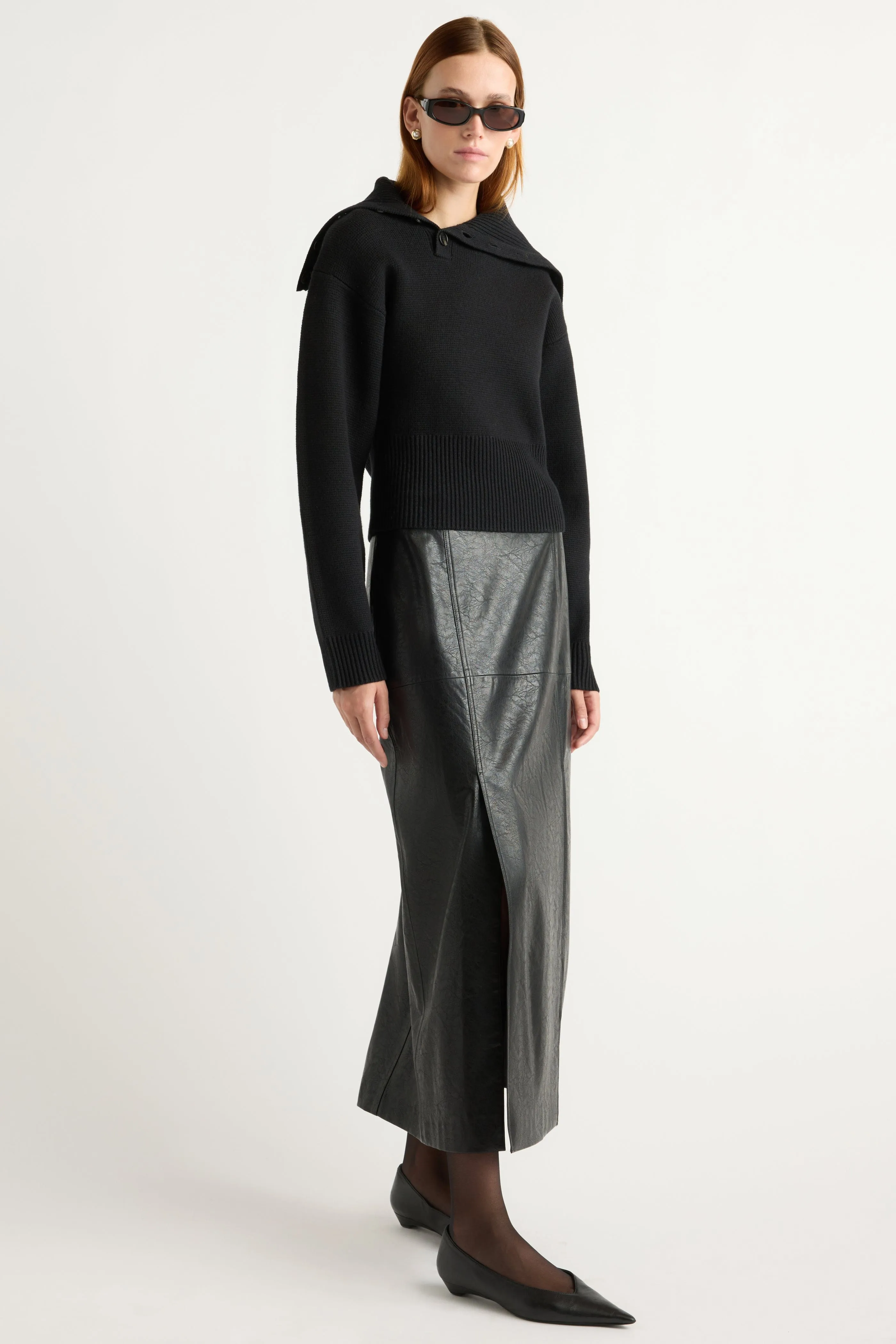 Minimalist Layering Pastel tone Rama Front-Vent Vegan Leather Skirt