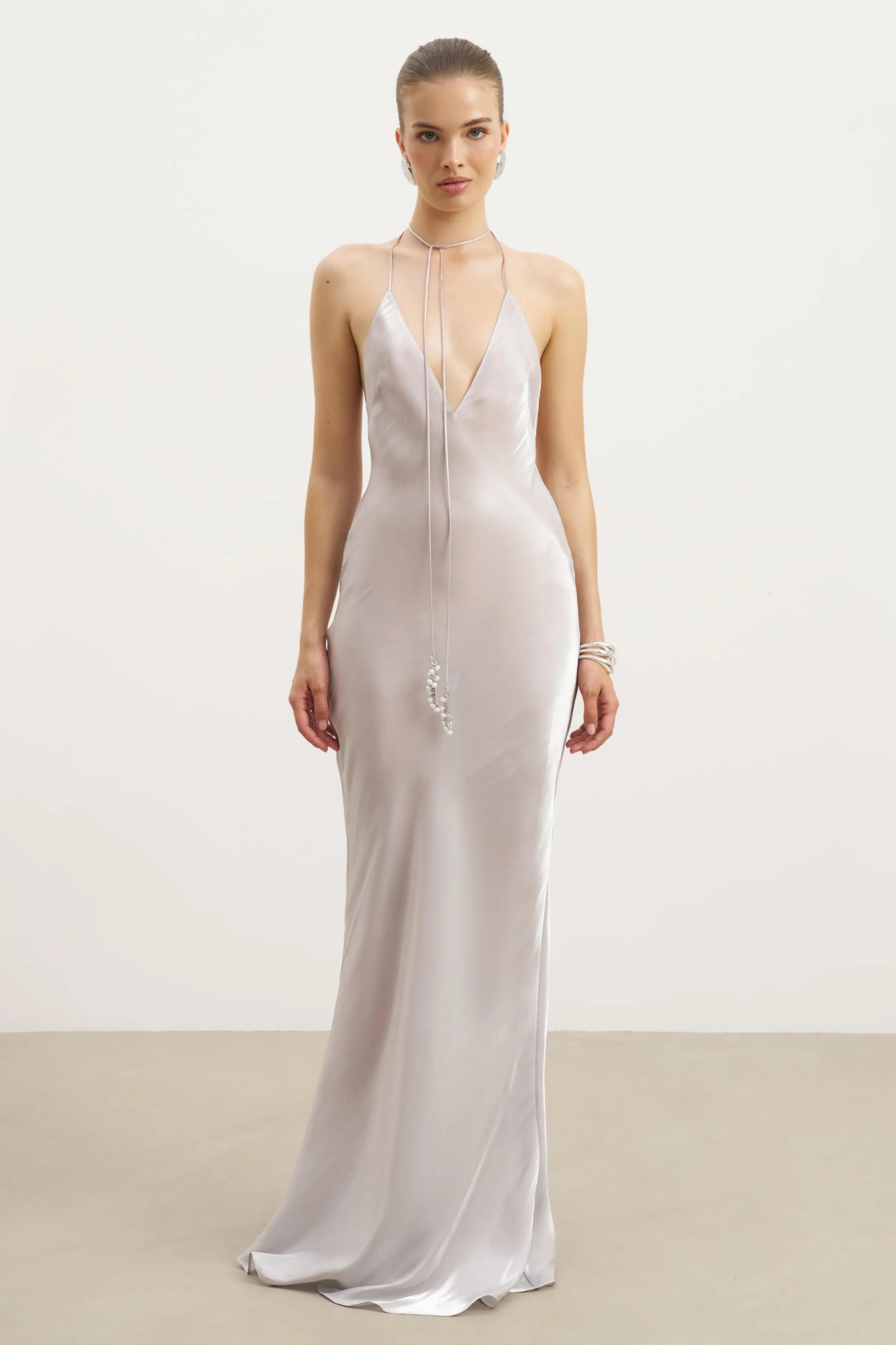 Stud-Detail Pearl Detail Plunging Birthday Gown - Oyster Pearl