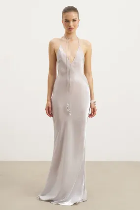 Pearl Detail Plunging Birthday Gown - Oyster Pearl Office Casual
