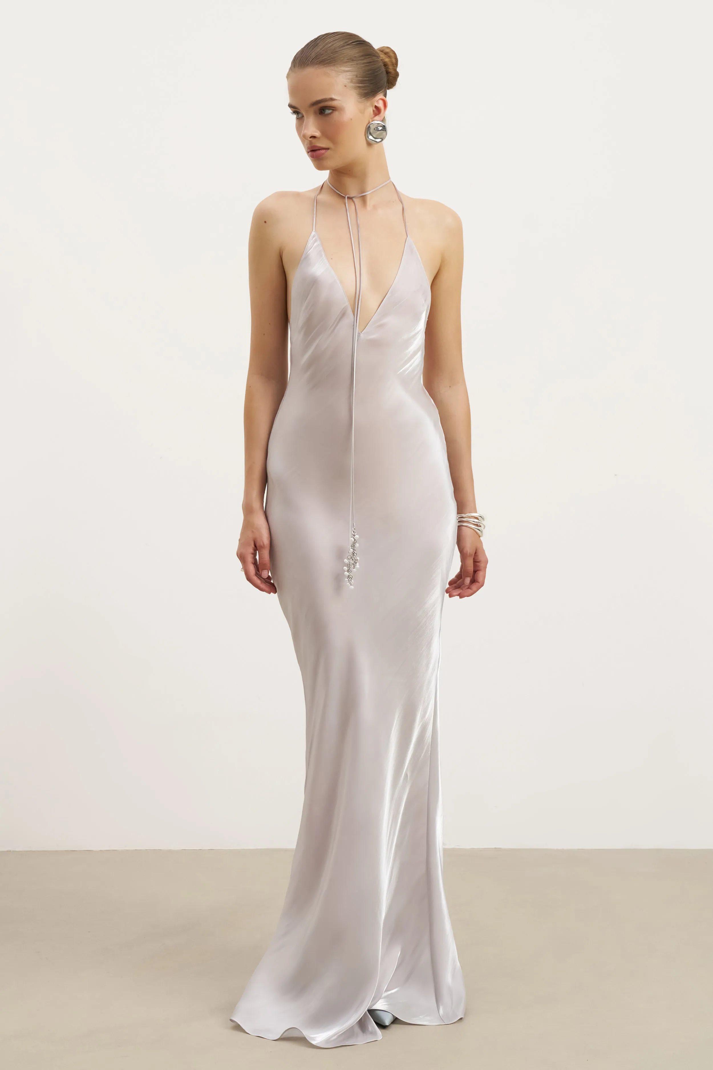 Pearl Detail Plunging Birthday Gown - Oyster Pearl Layering Fit Flexible Design