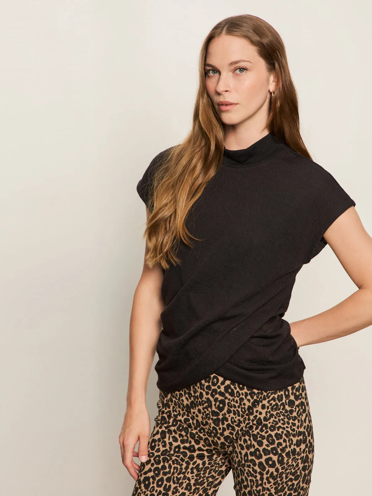 Light Casual Wear Draped Sleeveless Mock Neck Top Black