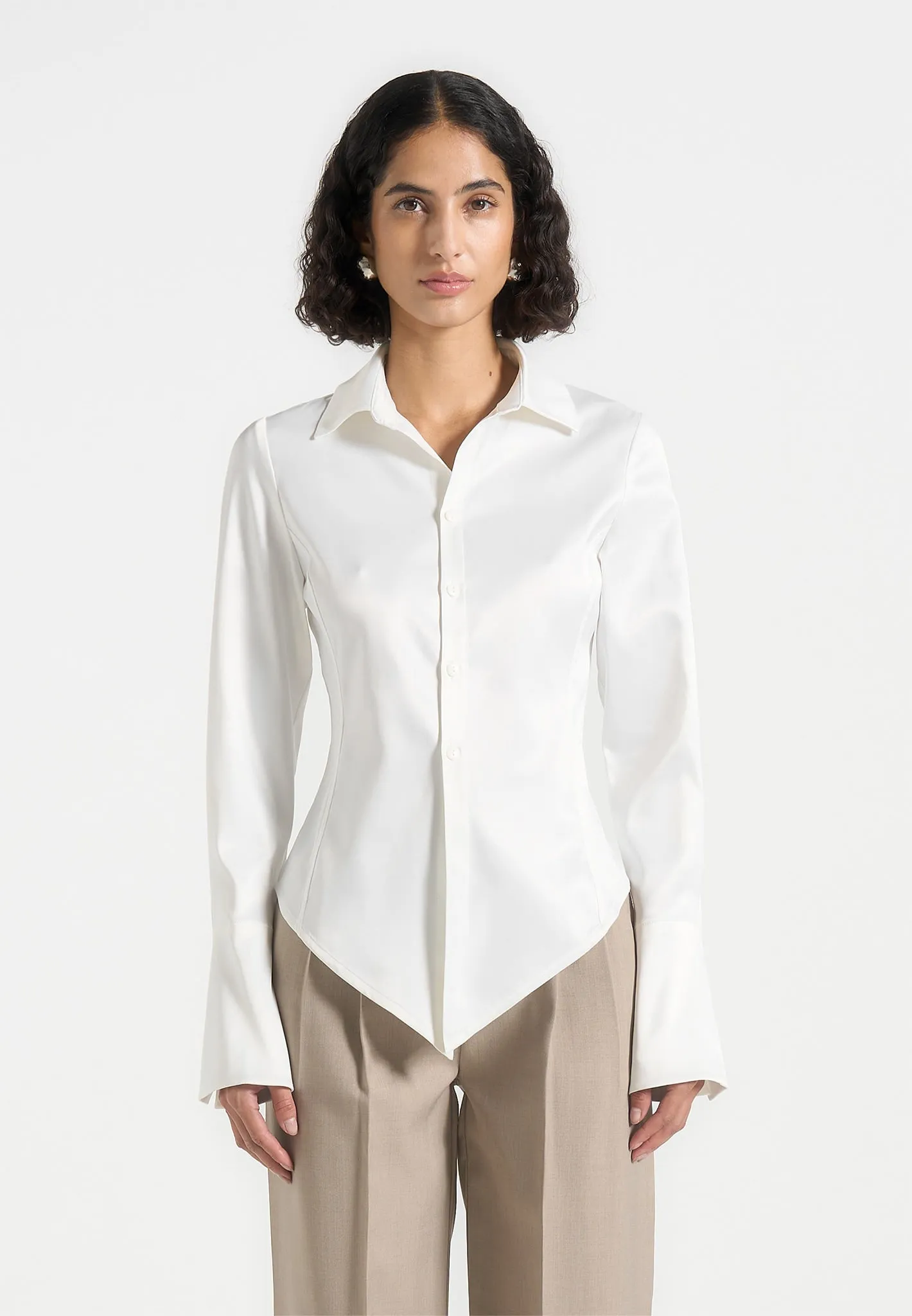 Sonia - Angled Satin Shirt - White Durable Colorfast Finish Classic Layering