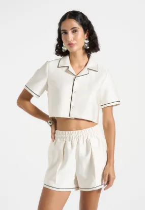 Maude - Satin Cropped Shirt with Piping - Off White Durable Ribbed Hem Soft Fit Wear