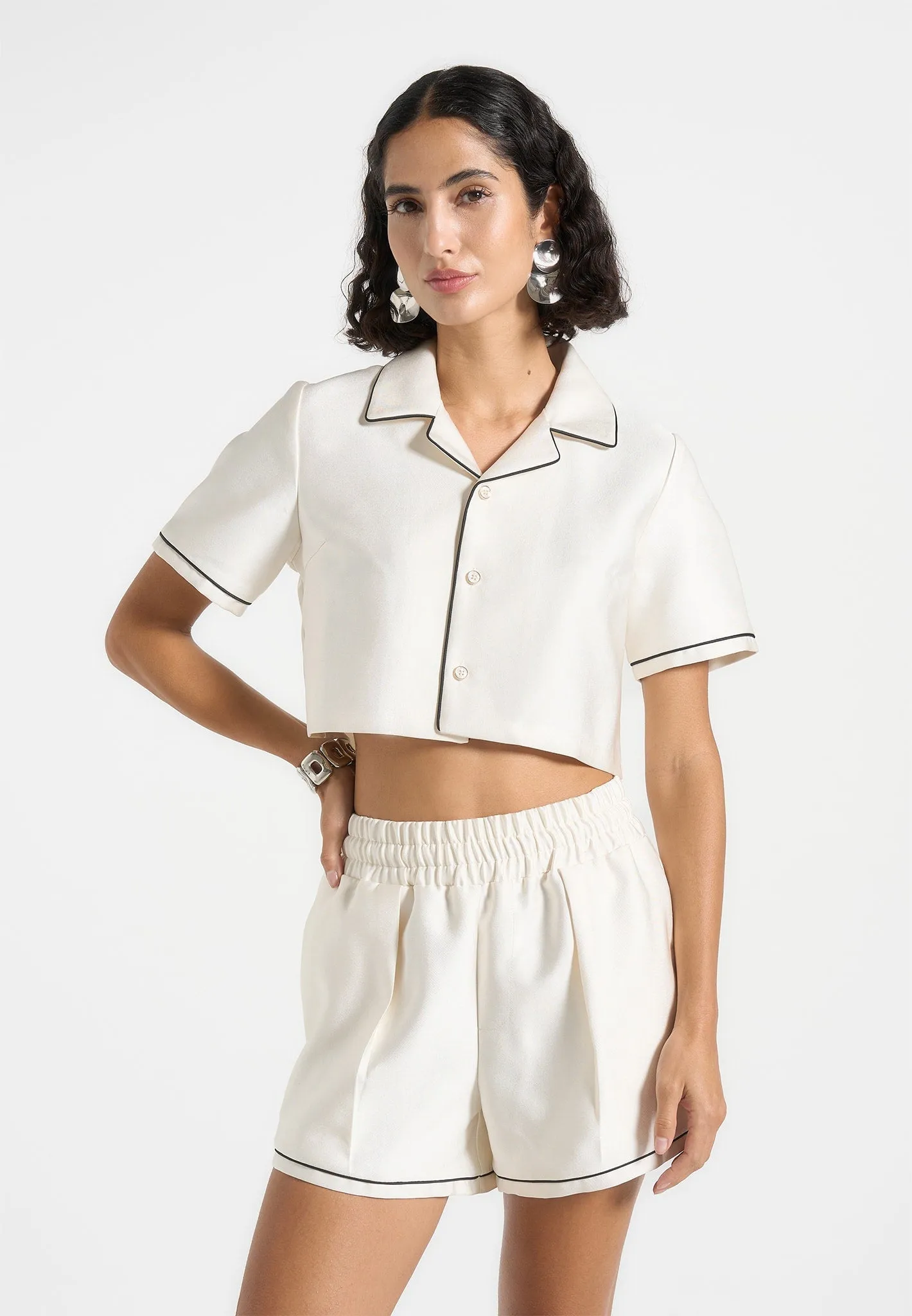 Maude - Satin Cropped Shirt with Piping - Off White Durable Ribbed Hem Soft Fit Wear