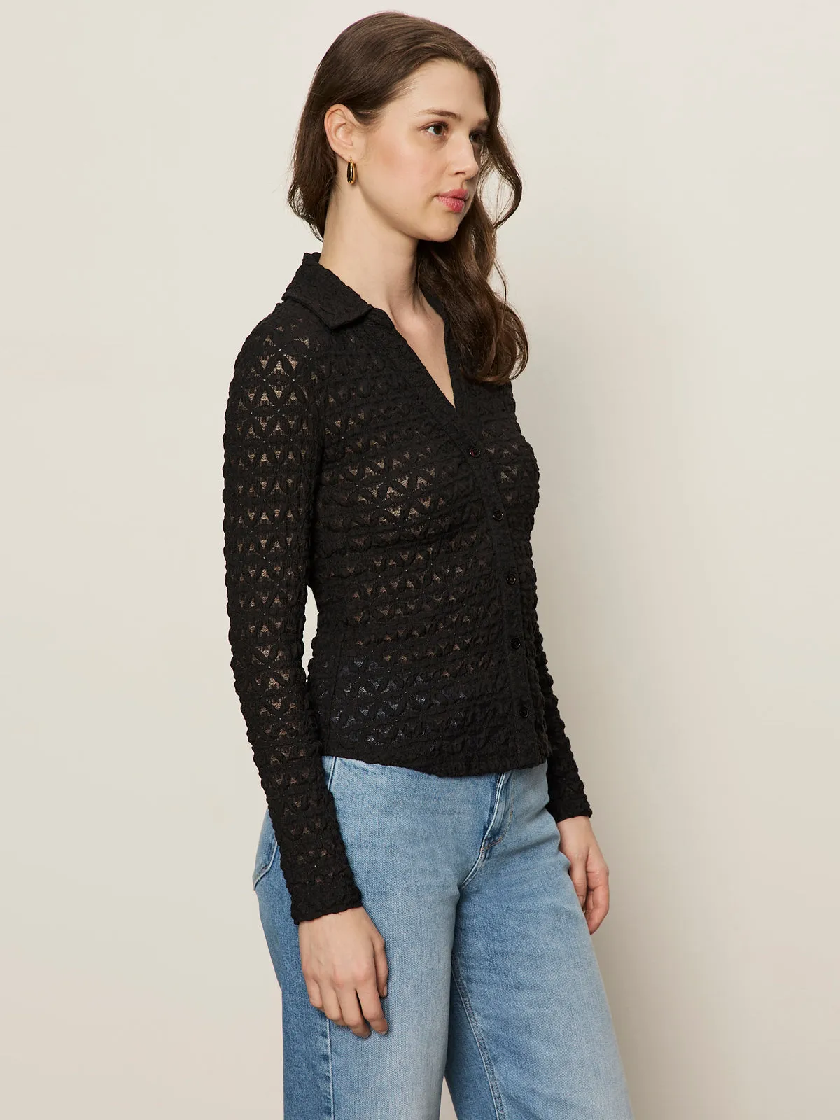 Dreamgirl Lace Button Up Top Black Dimensional Stability Weave