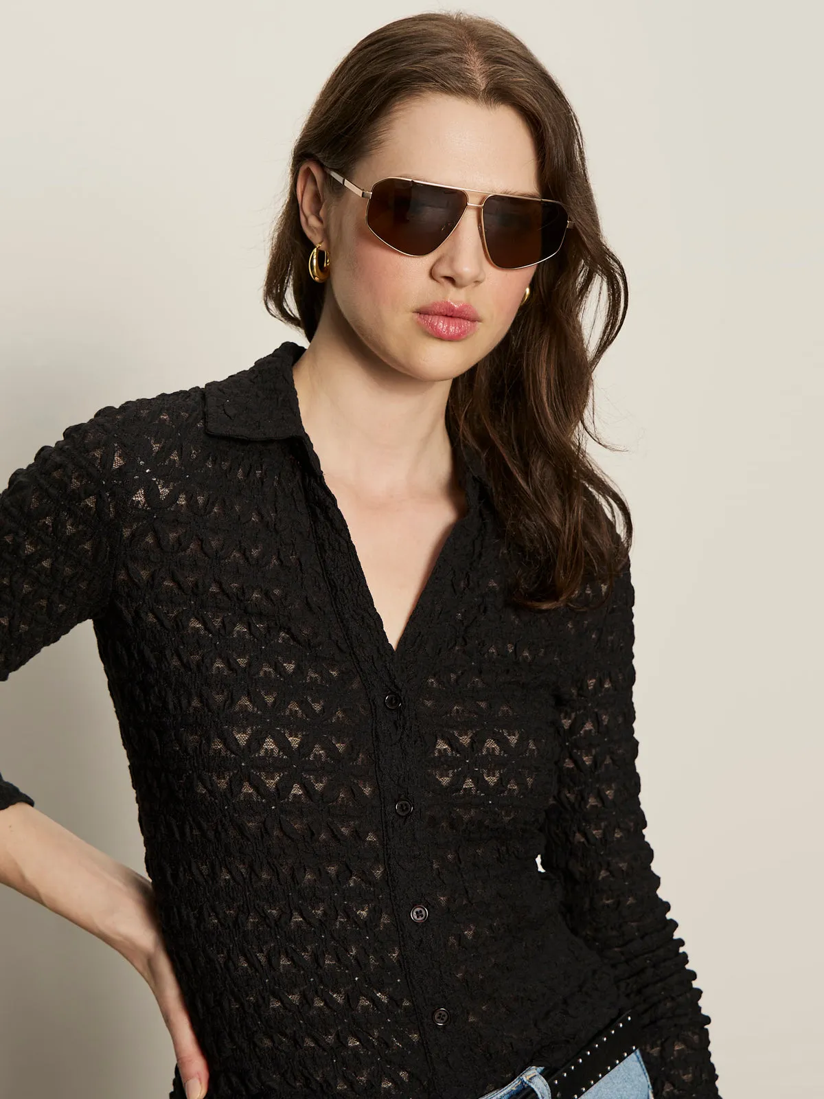 Dreamgirl Lace Button Up Top Black Thermal Insulation Layer FadeResistantTechnology