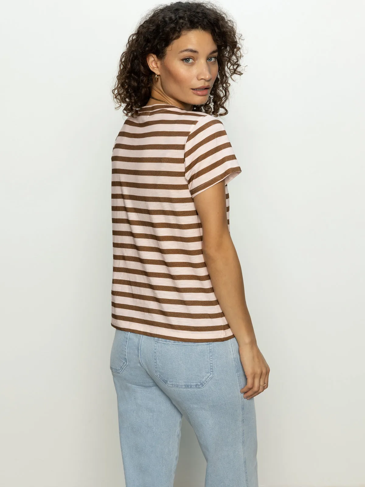LaserCut Edges Durable Hem Stitching The Perfect Tee Earth Pink / Sepia Stripe